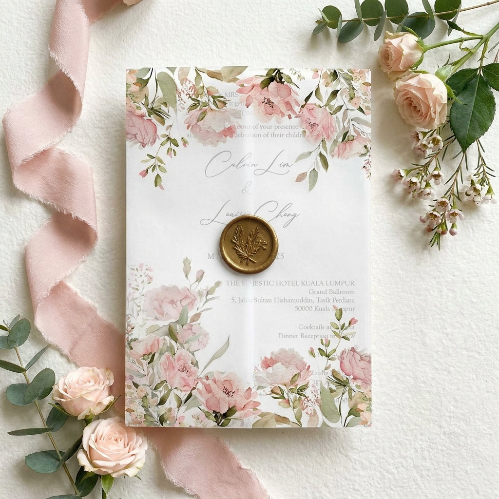 Floral wedding invitation with pink roses, greenery, and a gold seal on a white background.