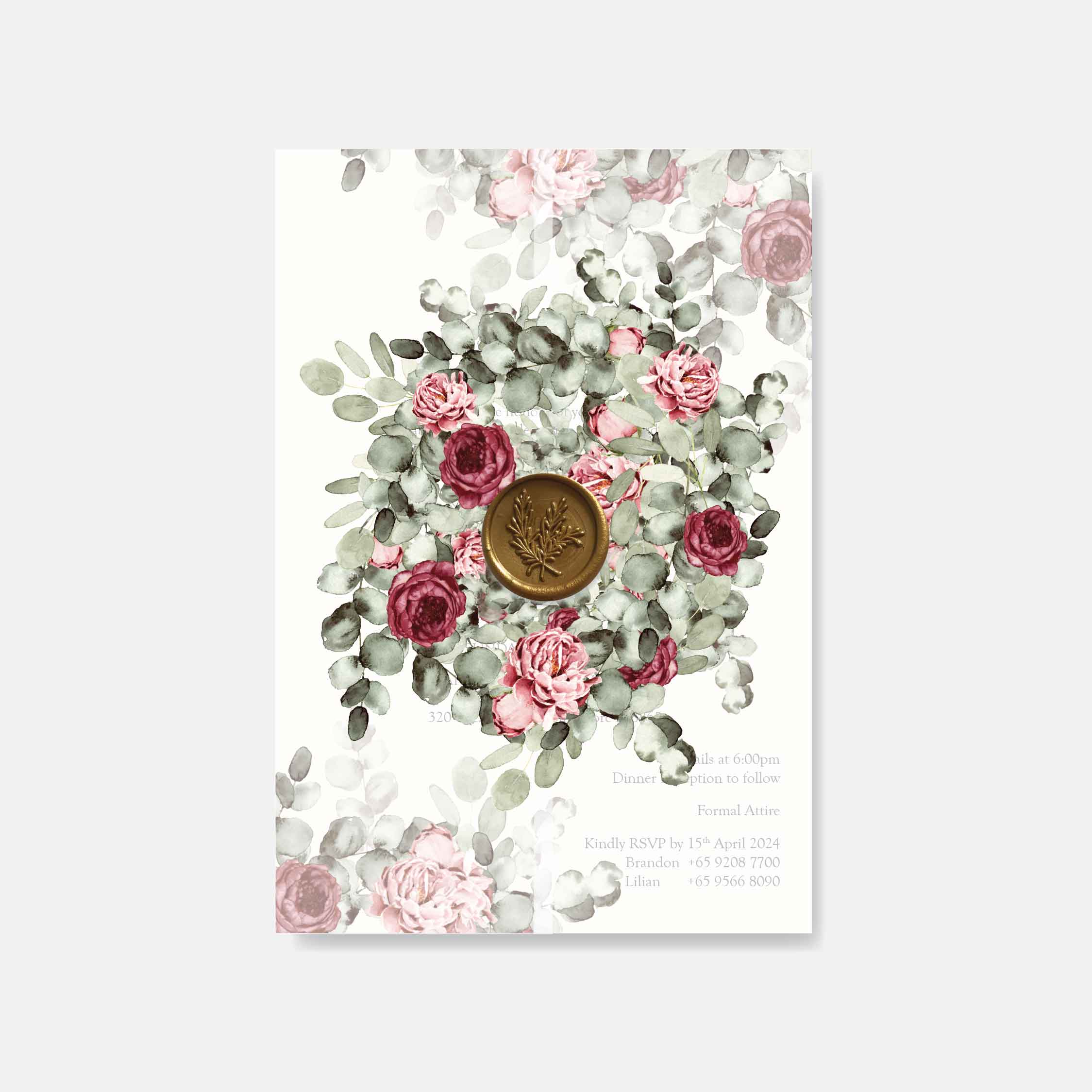 Floral vellum wedding invitation design with pink and red roses and eucalyptus on a white background