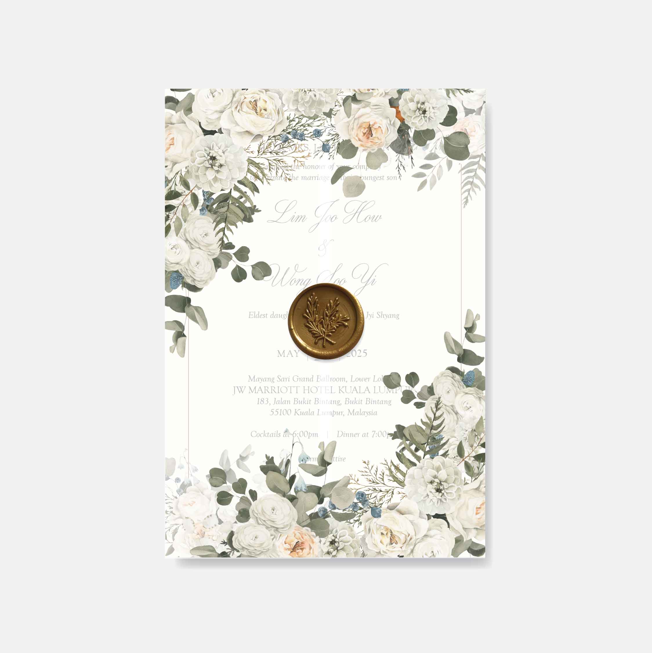 Floral invitation card with a wax seal on a white background