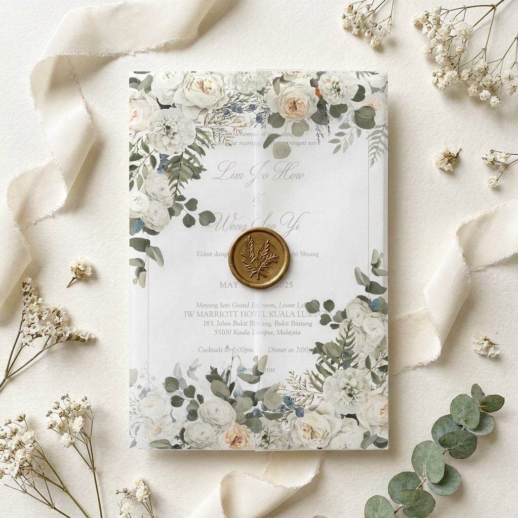 Wedding invitation card with floral design and gold seal on a marble surface with flowers.