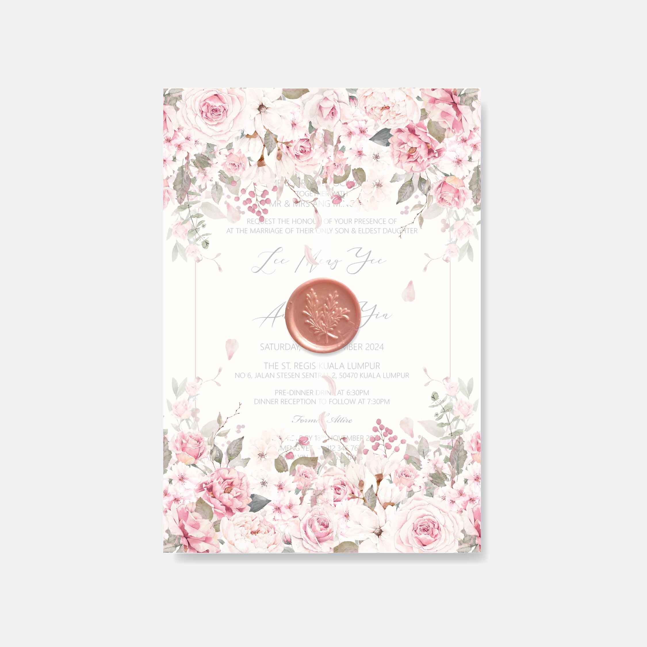 Floral invitation card with a pink wax seal on a white background