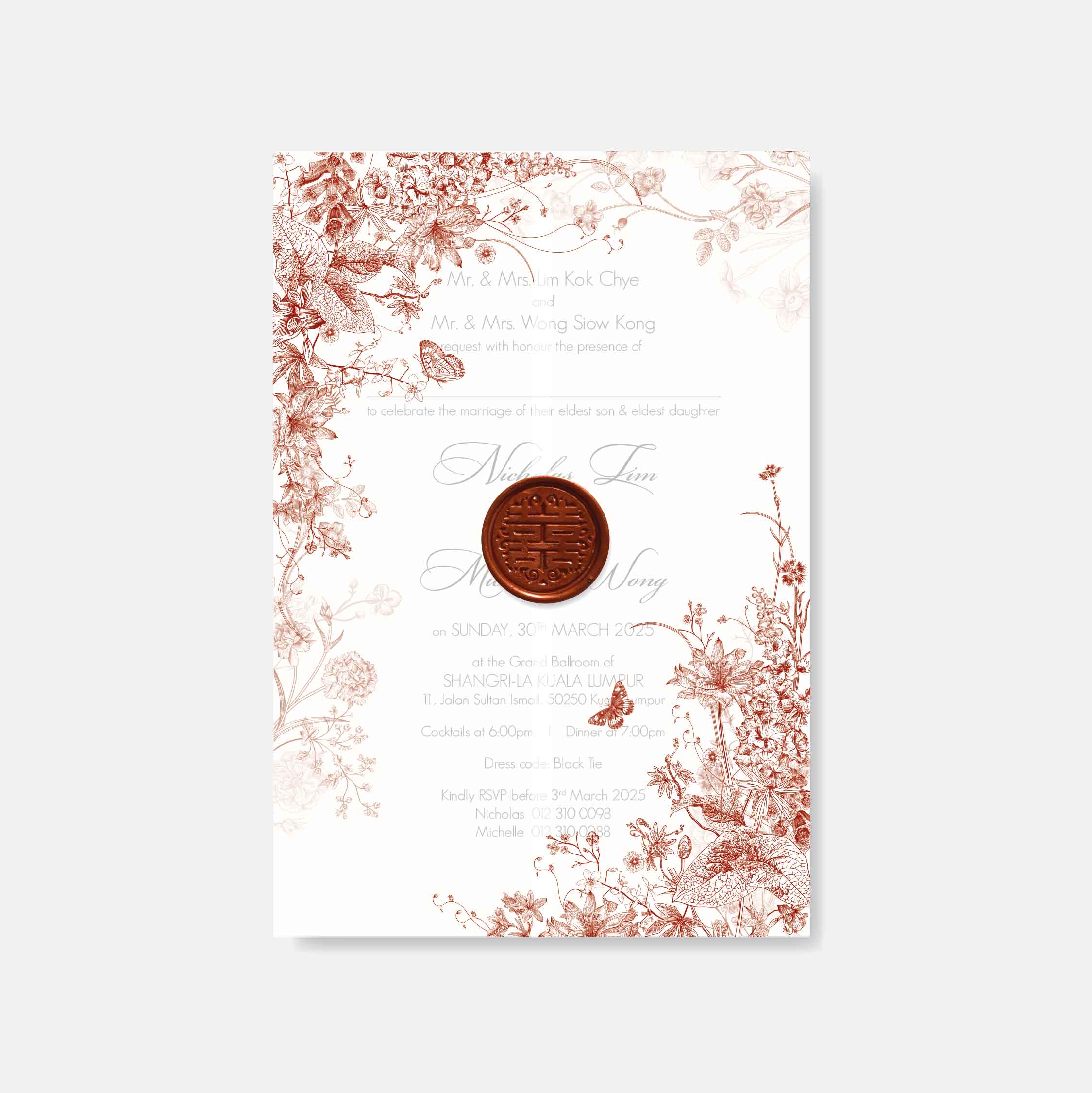 Floral wedding invitation in vellum paper with a handmade wax seal on a white background