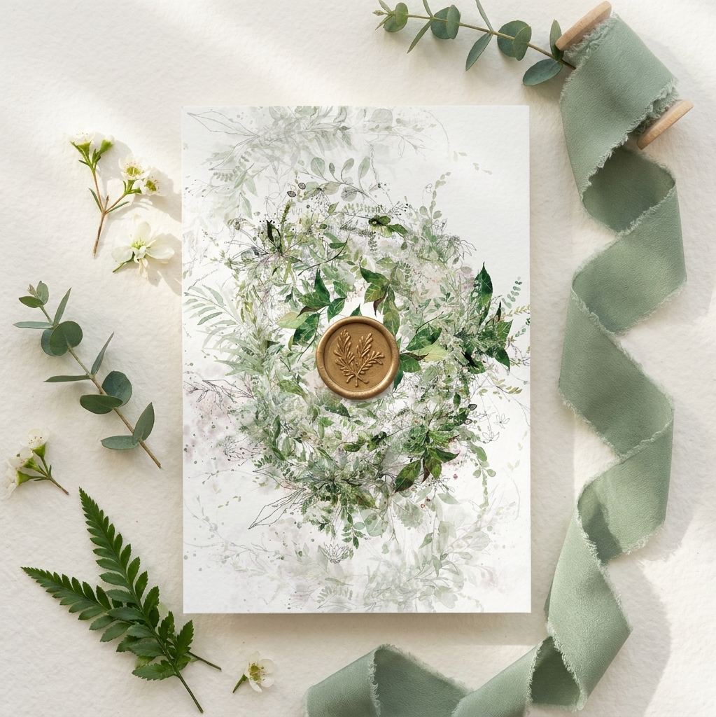 Greeting card with floral design and gold stamp, surrounded by greenery and ribbon on a light background