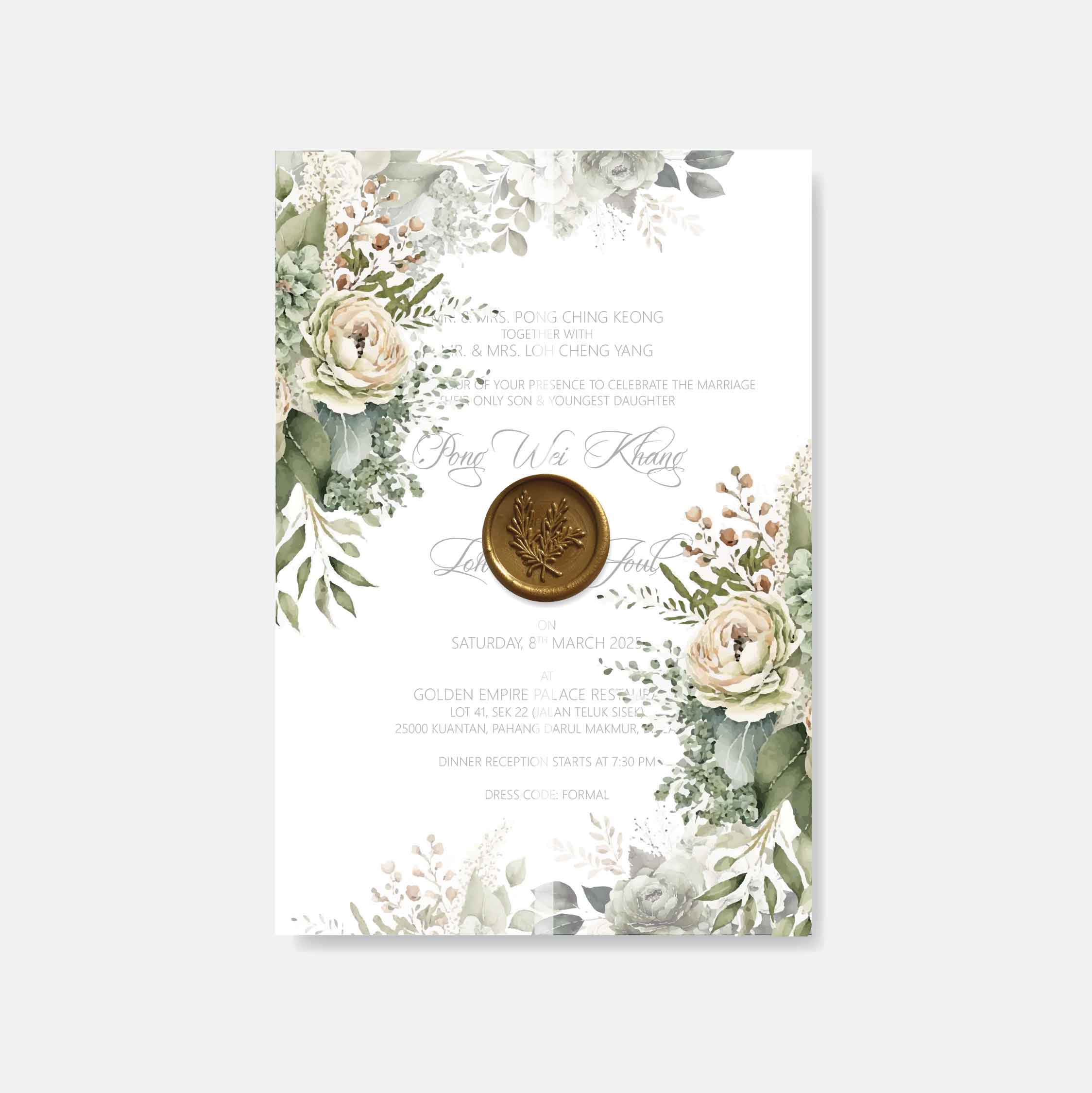 Floral invitation card with a wax seal on a white background