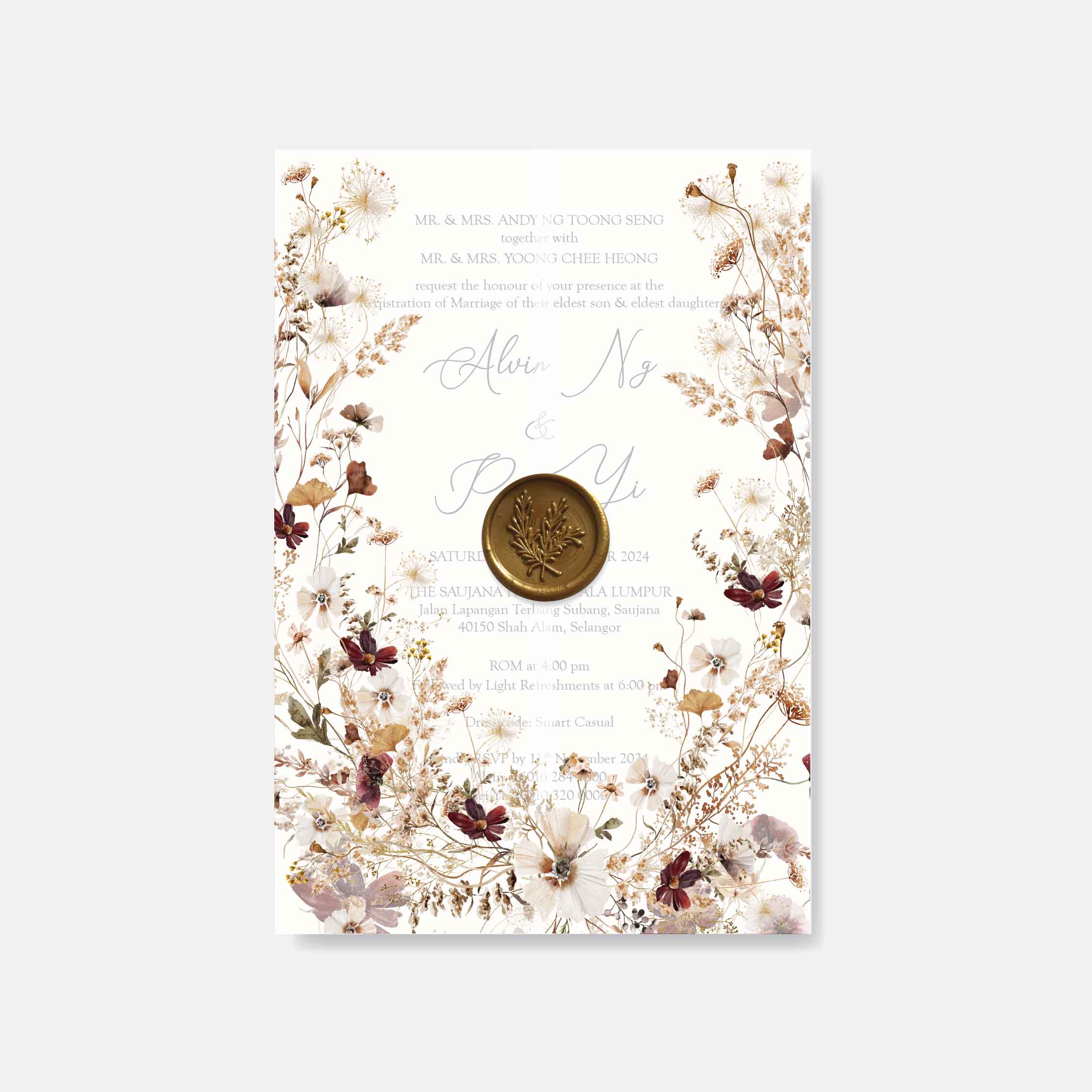 Wedding invitation with floral design and wax seal on a white background