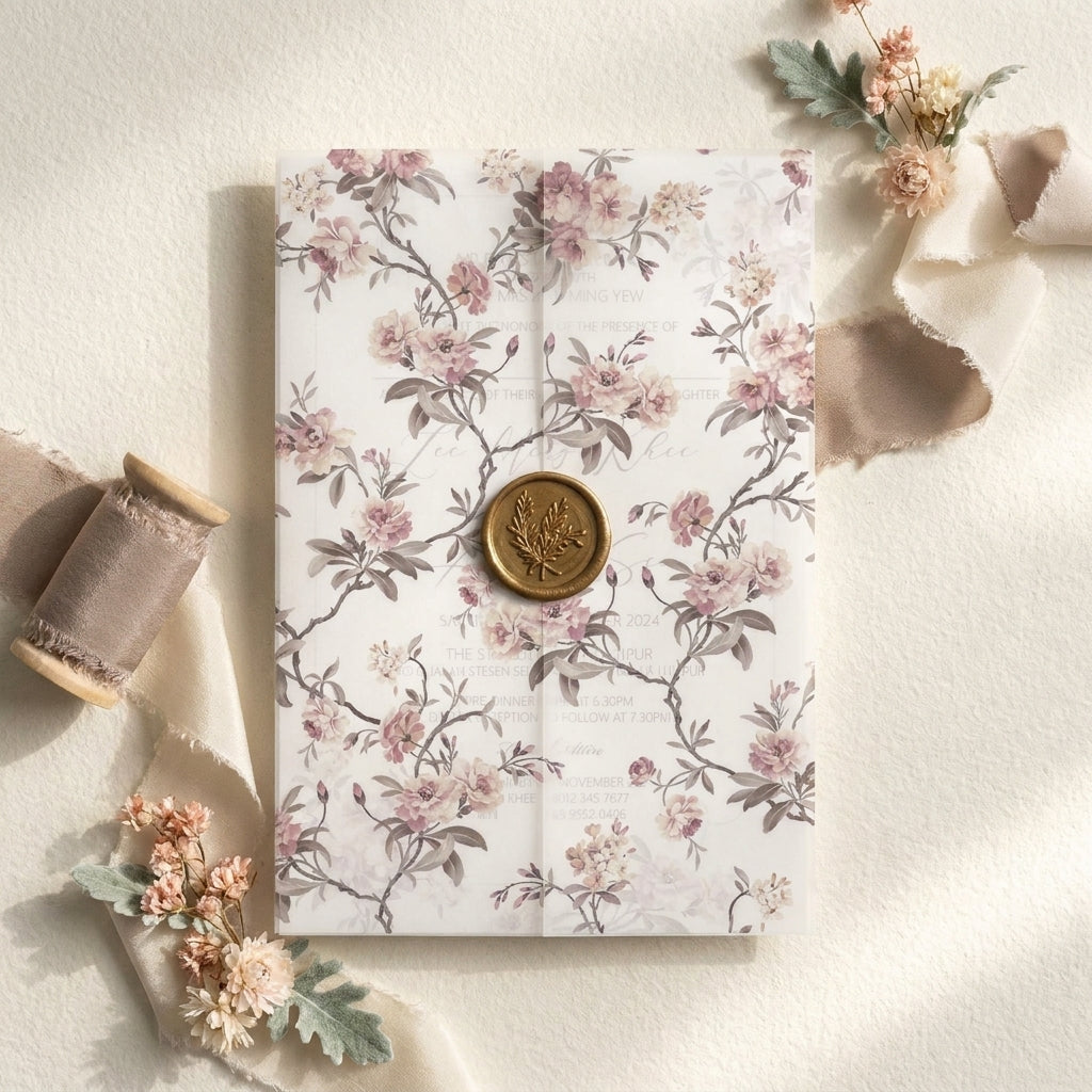Vellum wedding invitation in dreamy floral design with handmade wax seal