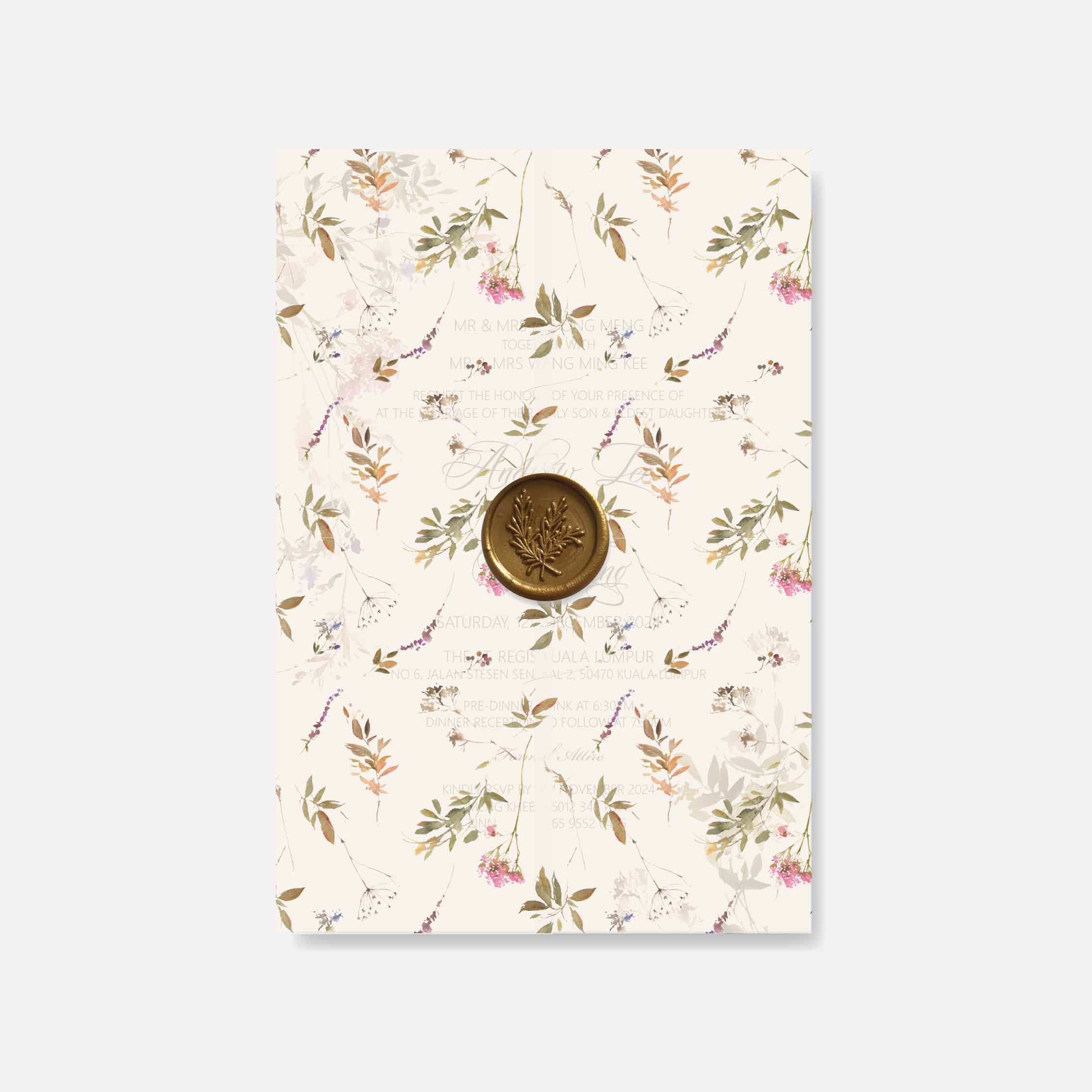 Floral-patterned vellum wedding invitation with a gold seal on a white background