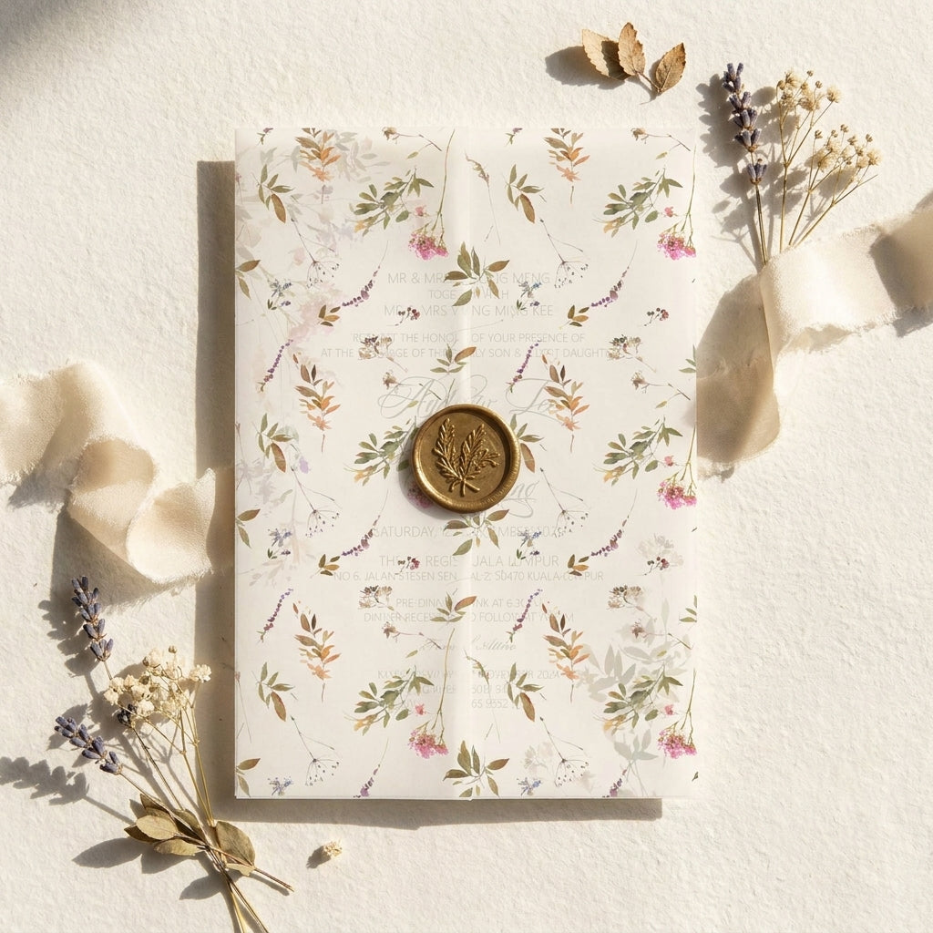 Floral-patterned vellum wedding invitation with a wax seal on a light background