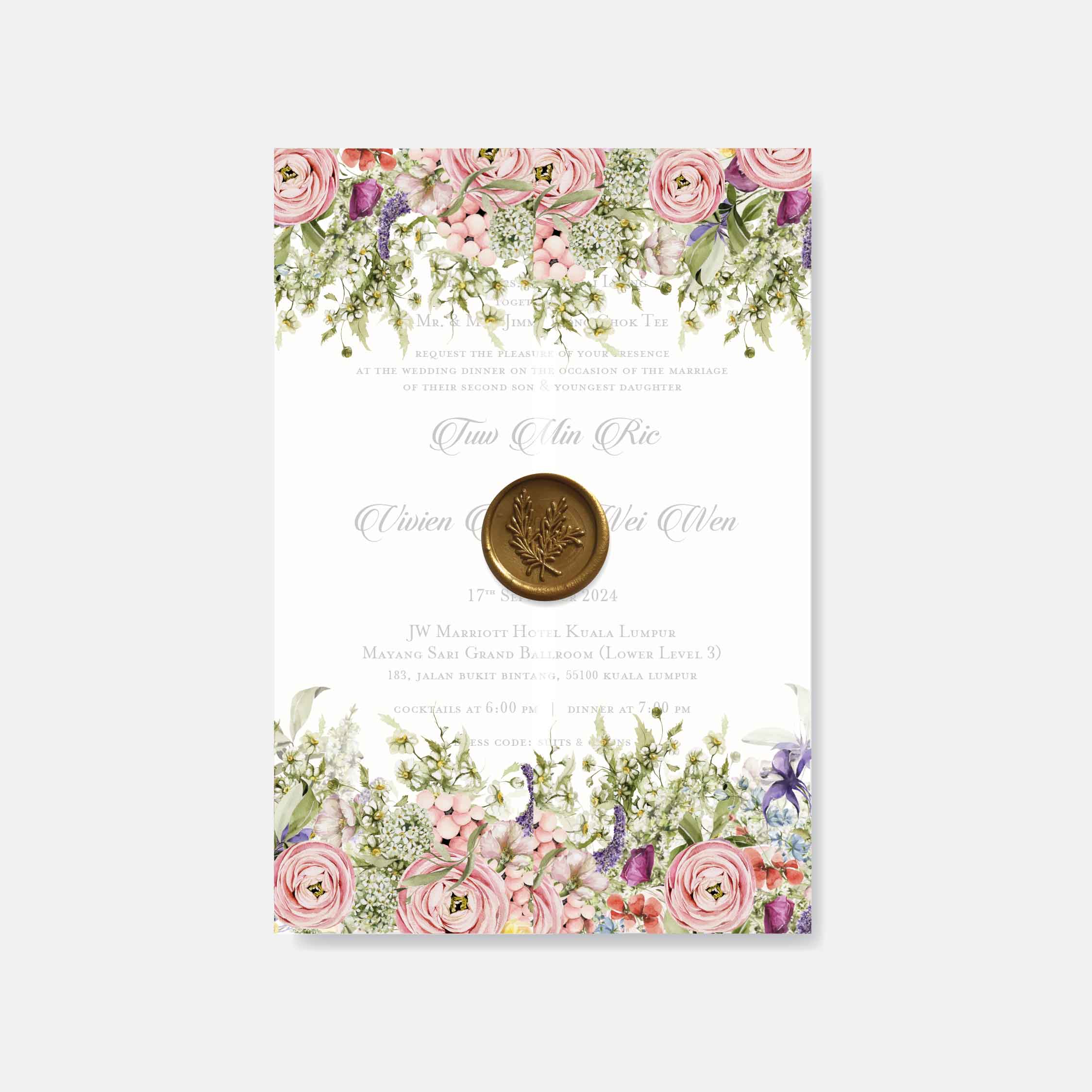 Floral wedding invitation with a wax seal on a white background