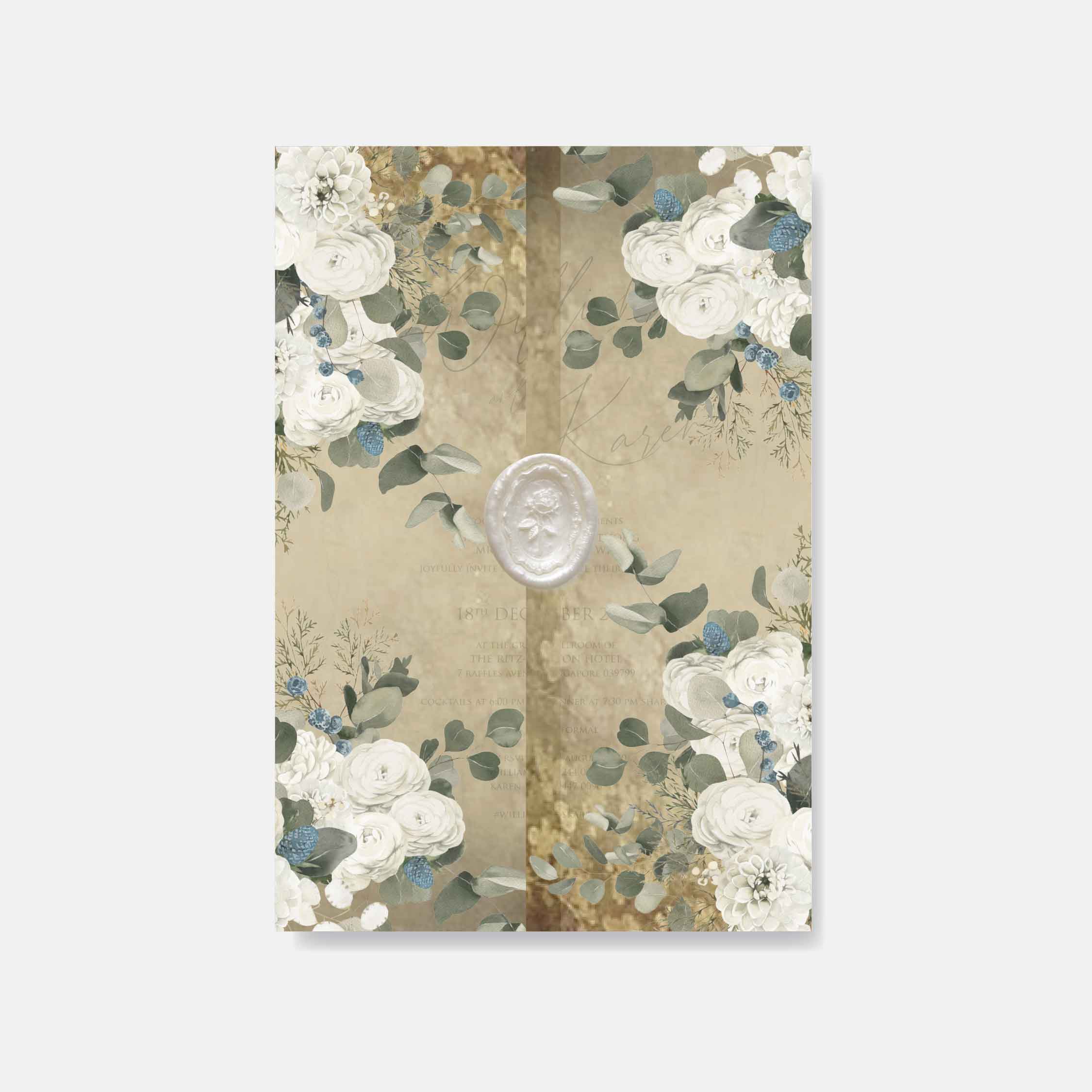 Floral wedding card design with a central emblem on a beige background