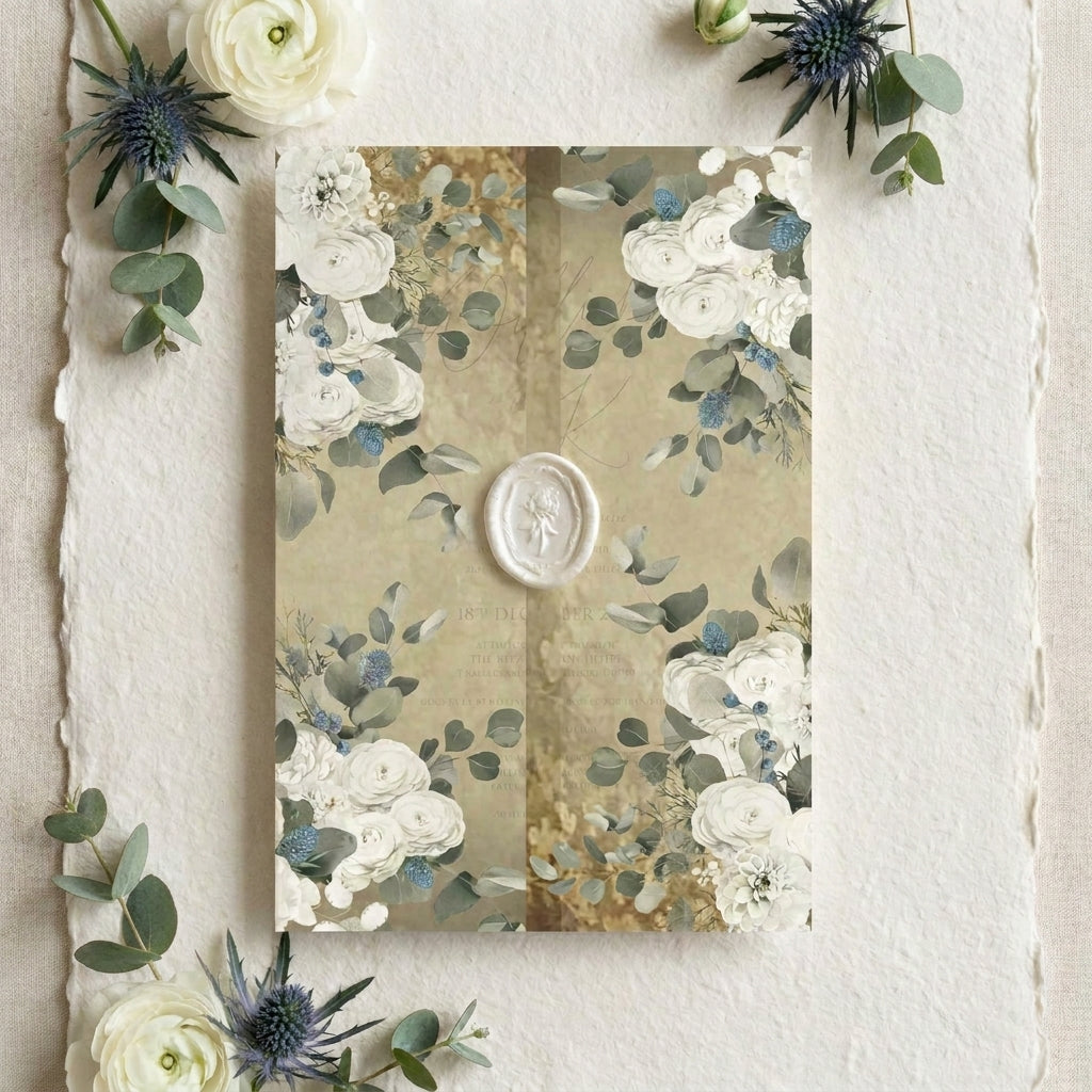 wedding card with floral design and a wax seal on a textured white background