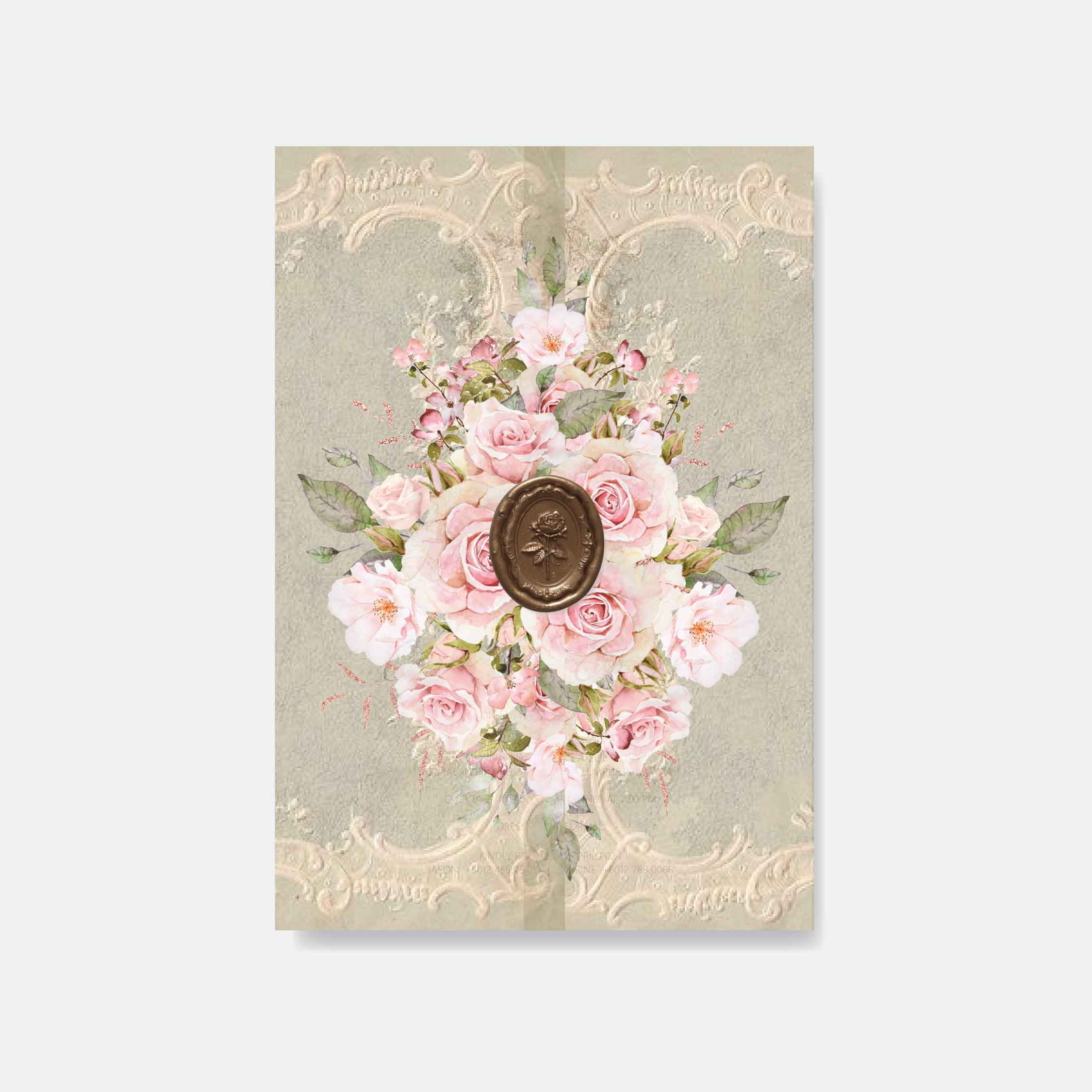 Wedding card with pink floral arrangement and wax seal on a beige background