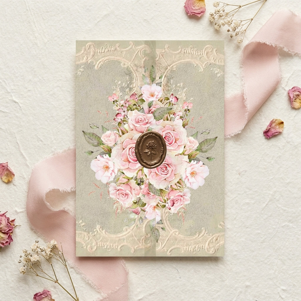 Wedding card with floral design and wax seal on a textured surface with pink petals.