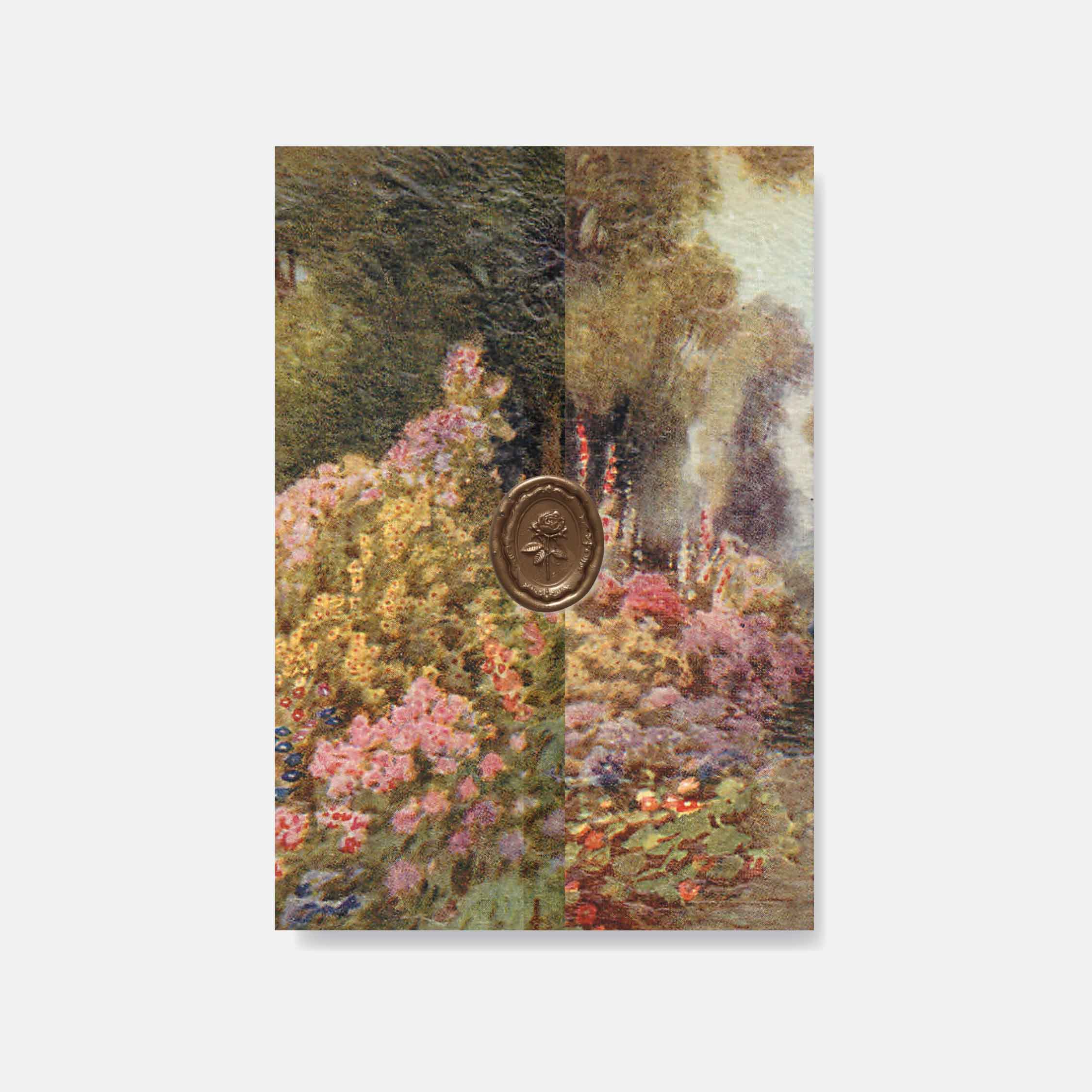Vellum wedding paper with a floral design and a central circular emblem on a white background