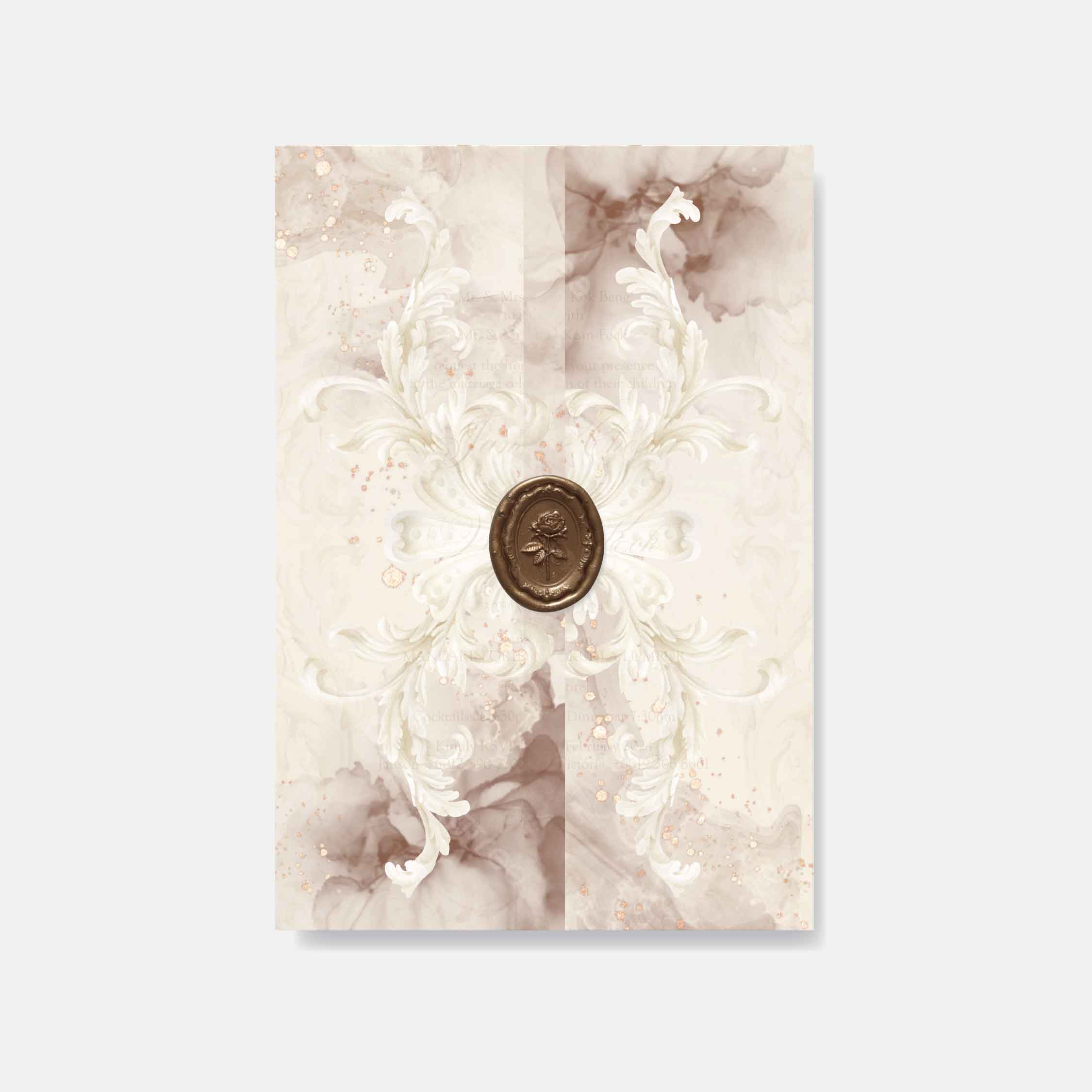 Wedding card with floral design and wax seal on a marble background