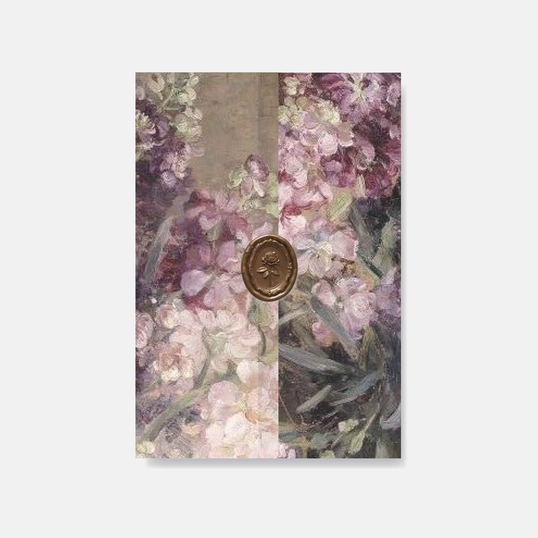 Vellum wedding invitation in floral design with a wax seal on a white background