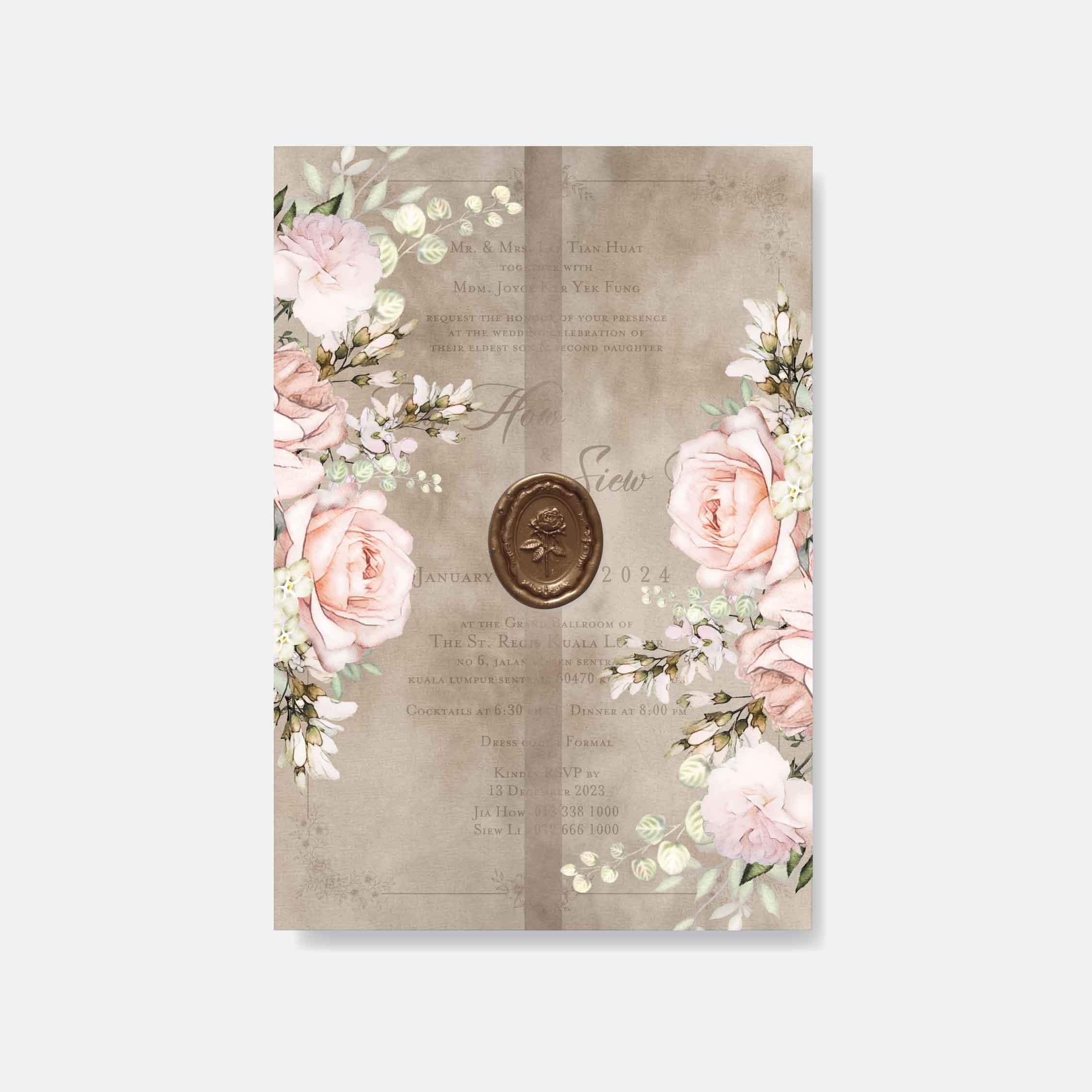 Wedding invitation with floral design and wax seal on a textured background