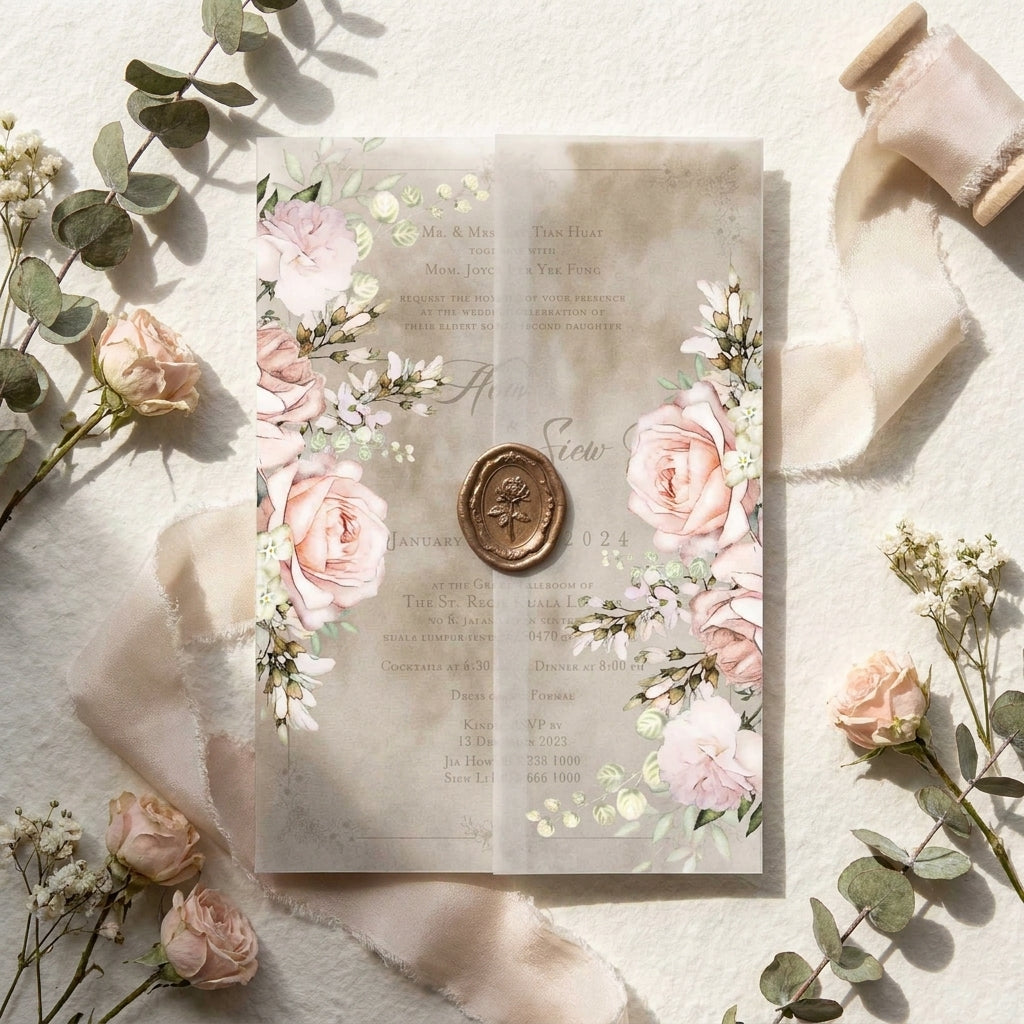 Wedding invitation with pink roses, greenery, and a wax seal on a light background