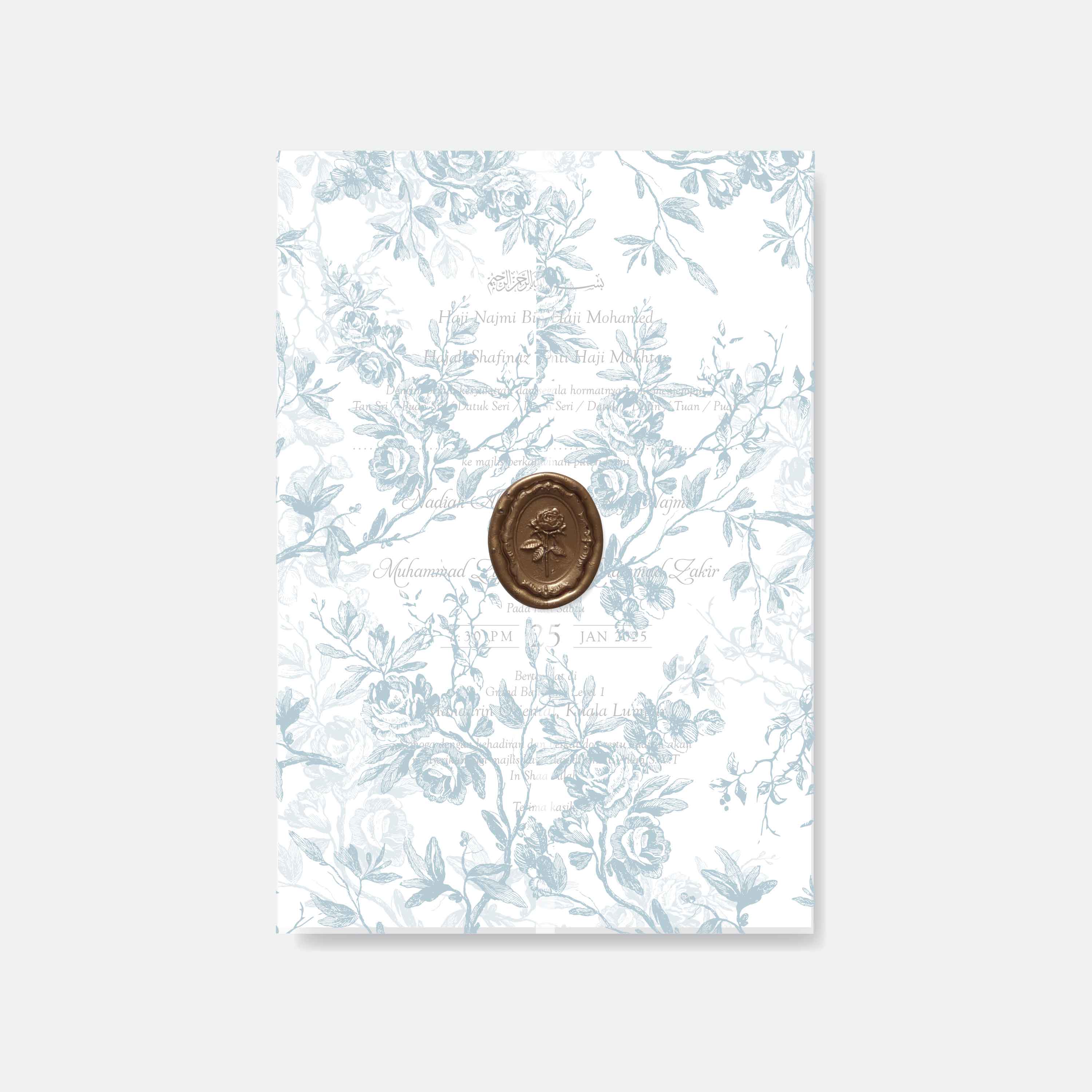 Floral patterned vellum paper with a wax seal on a white background