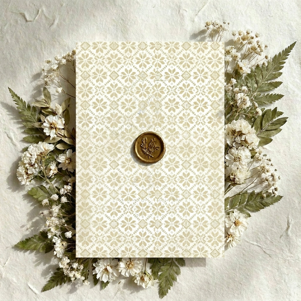 Songket wedding card with floral arrangement on a textured surface
