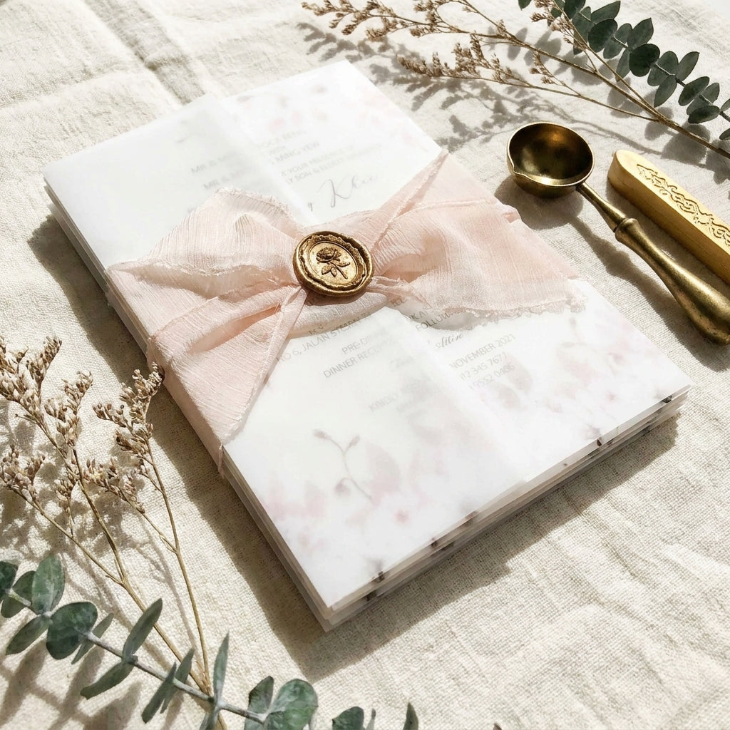 A chiffon ribbon wedding invitation provides a soft, ethereal, and organic aesthetic that perfectly complements elegant, fine-art, or bohemian wedding styles. Hand-frayed chiffon ribbons feature raw edges that add rich texture and motion to a stationary suite.