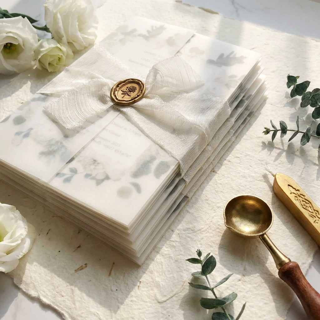 A chiffon ribbon wedding invitation provides a soft, ethereal, and organic aesthetic that perfectly complements elegant, fine-art, or bohemian wedding styles. Hand-frayed chiffon ribbons feature raw edges that add rich texture and motion to a stationary suite.