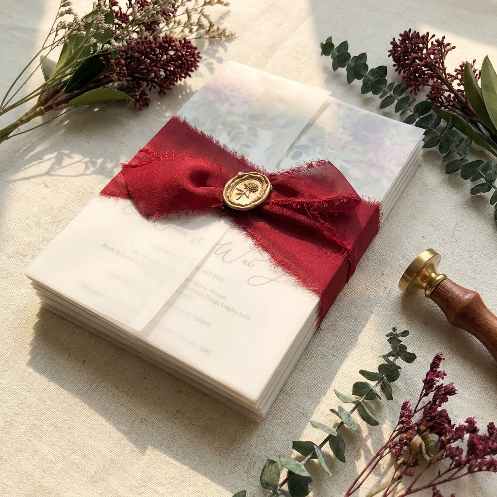 A chiffon ribbon wedding invitation provides a soft, ethereal, and organic aesthetic that perfectly complements elegant, fine-art, or bohemian wedding styles. Hand-frayed chiffon ribbons feature raw edges that add rich texture and motion to a stationary suite.
