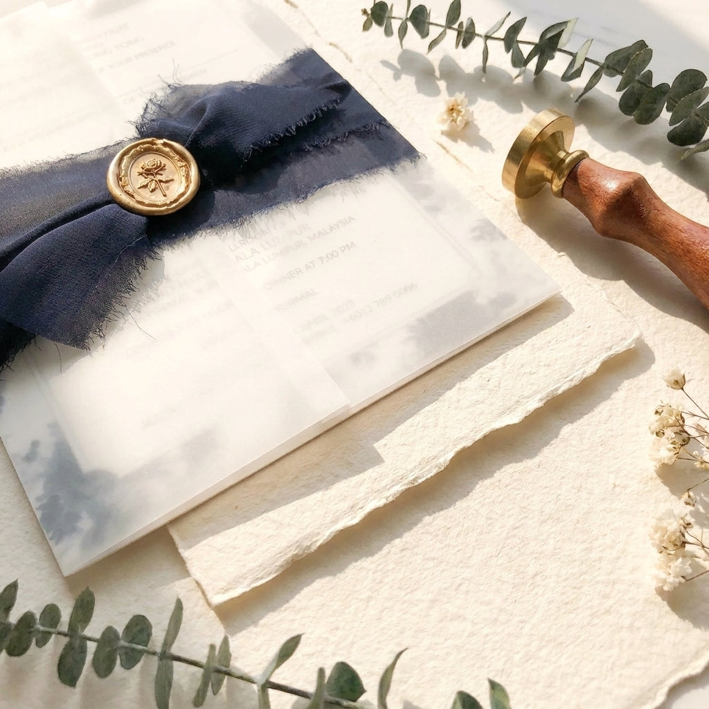 A chiffon ribbon wedding invitation provides a soft, ethereal, and organic aesthetic that perfectly complements elegant, fine-art, or bohemian wedding styles. Hand-frayed chiffon ribbons feature raw edges that add rich texture and motion to a stationary suite.