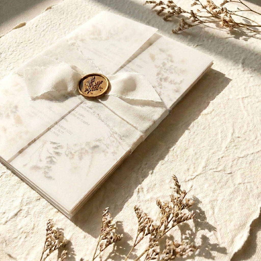 A chiffon ribbon wedding invitation provides a soft, ethereal, and organic aesthetic that perfectly complements elegant, fine-art, or bohemian wedding styles. Hand-frayed chiffon ribbons feature raw edges that add rich texture and motion to a stationary suite.