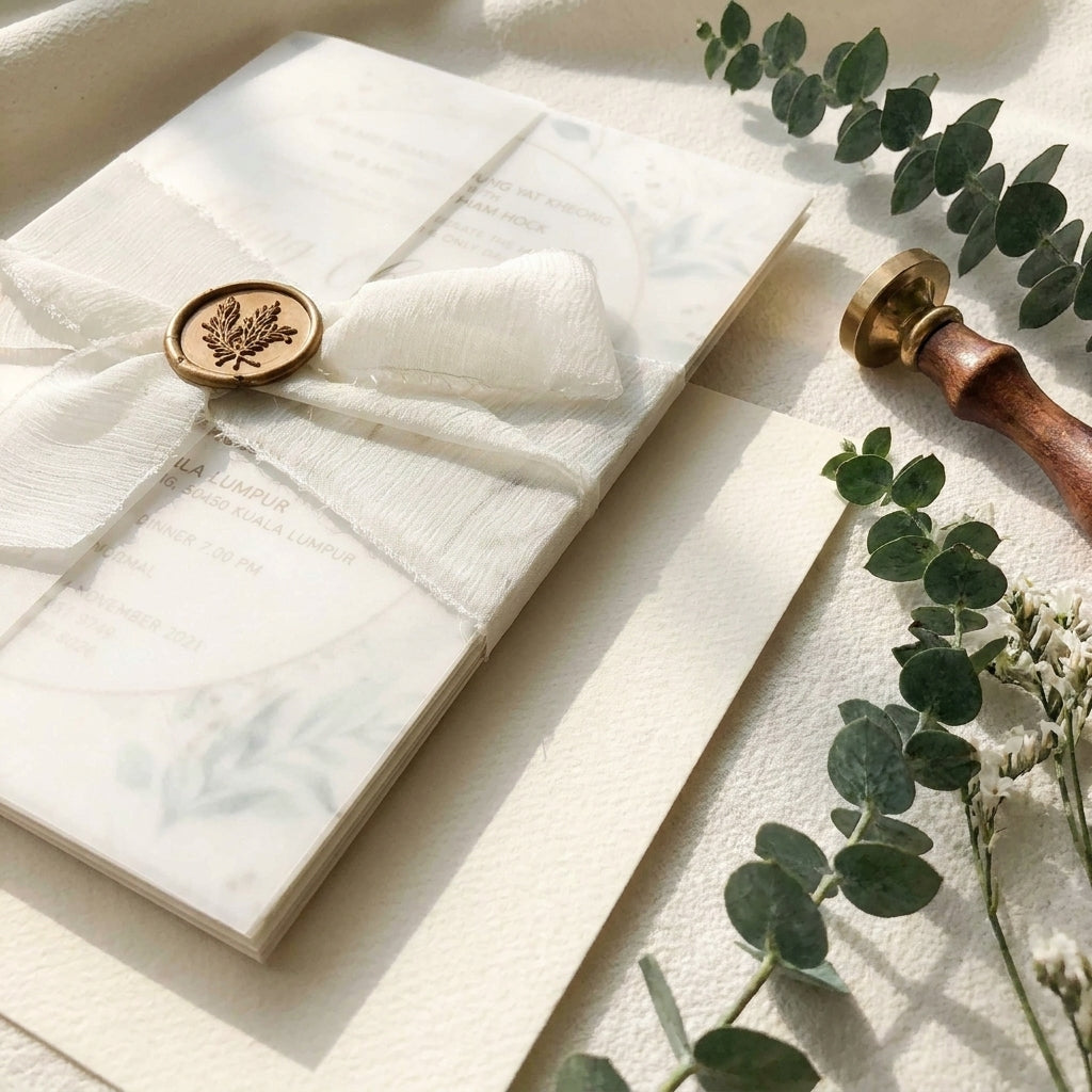 A chiffon ribbon wedding invitation provides a soft, ethereal, and organic aesthetic that perfectly complements elegant, fine-art, or bohemian wedding styles. Hand-frayed chiffon ribbons feature raw edges that add rich texture and motion to a stationary suite.