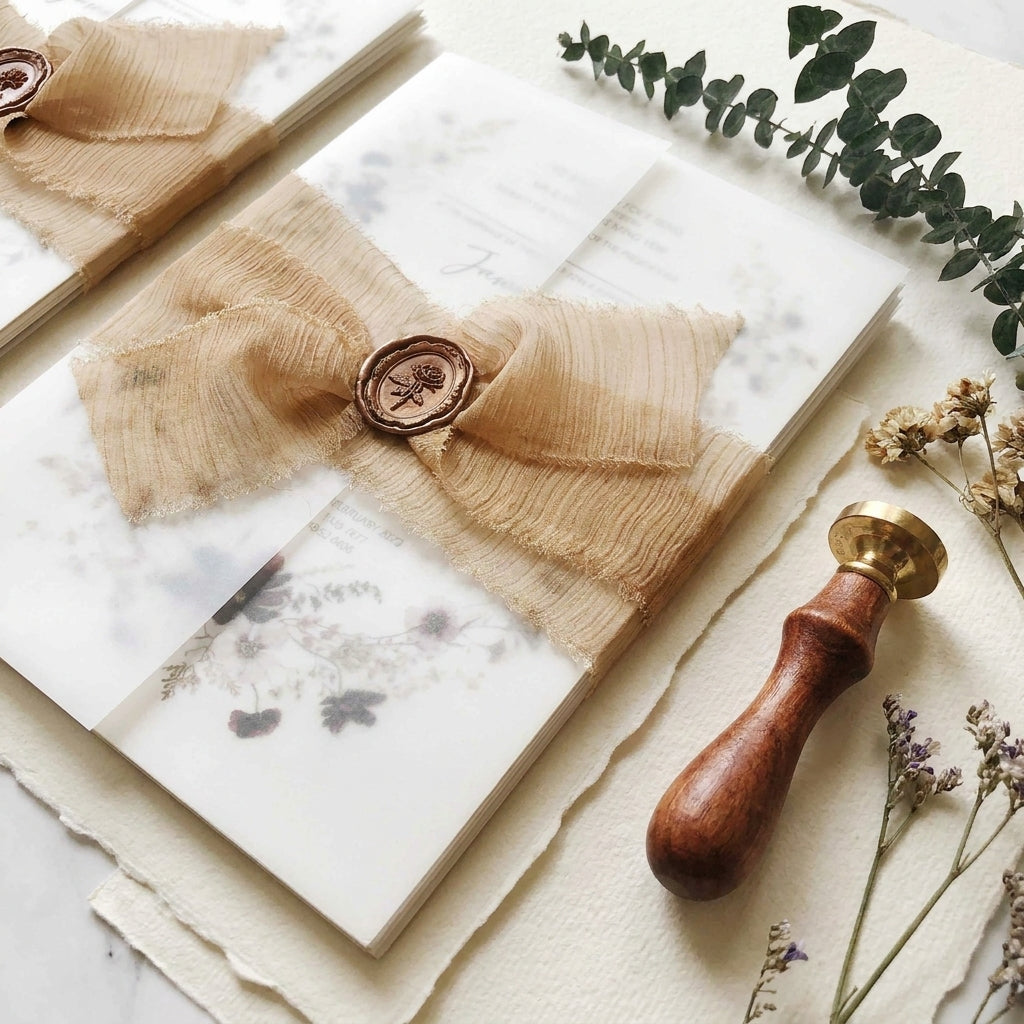 A chiffon ribbon wedding invitation provides a soft, ethereal, and organic aesthetic that perfectly complements elegant, fine-art, or bohemian wedding styles. Hand-frayed chiffon ribbons feature raw edges that add rich texture and motion to a stationary suite.