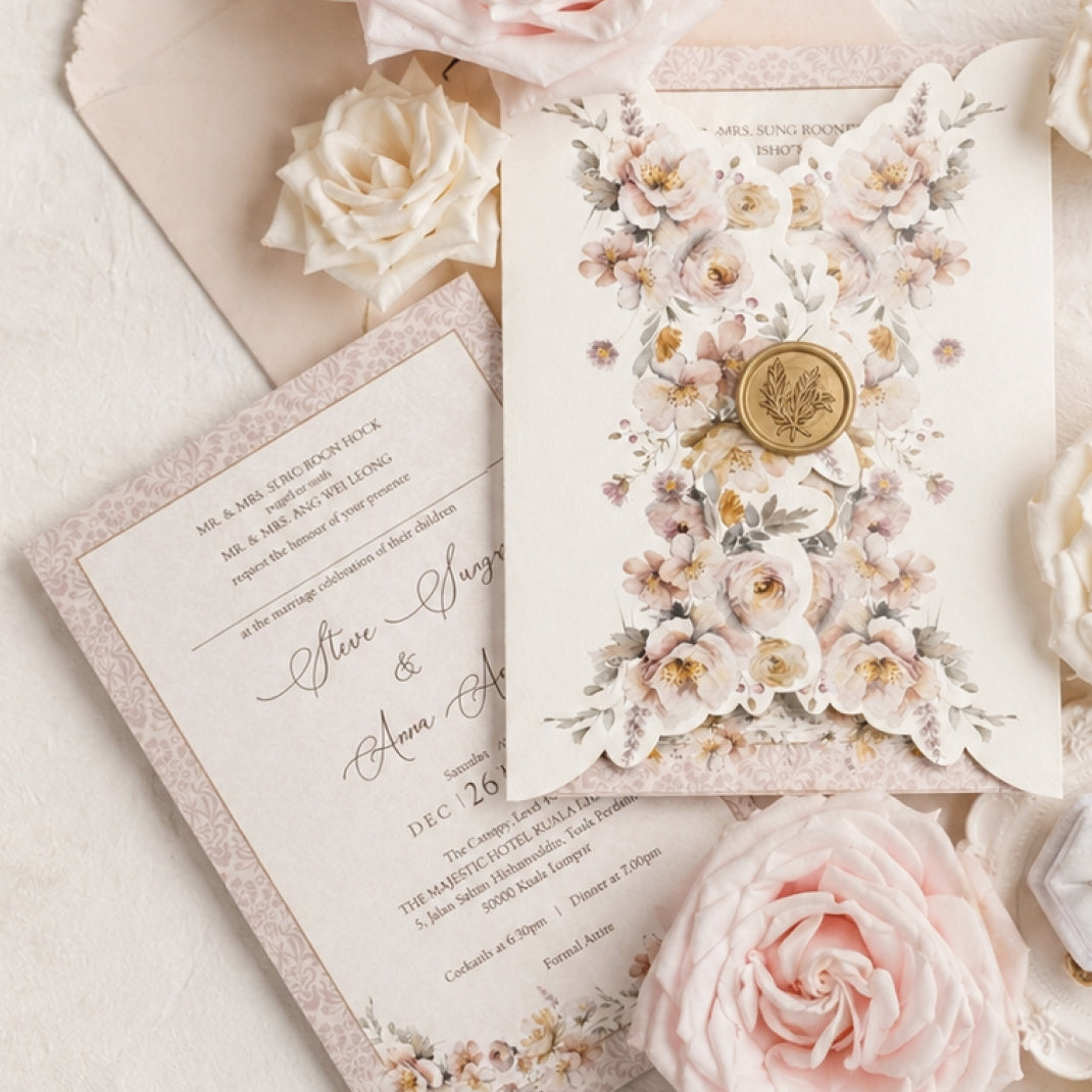 Elegant shaped wedding invitation with fancy floral design and pink roses on a light background