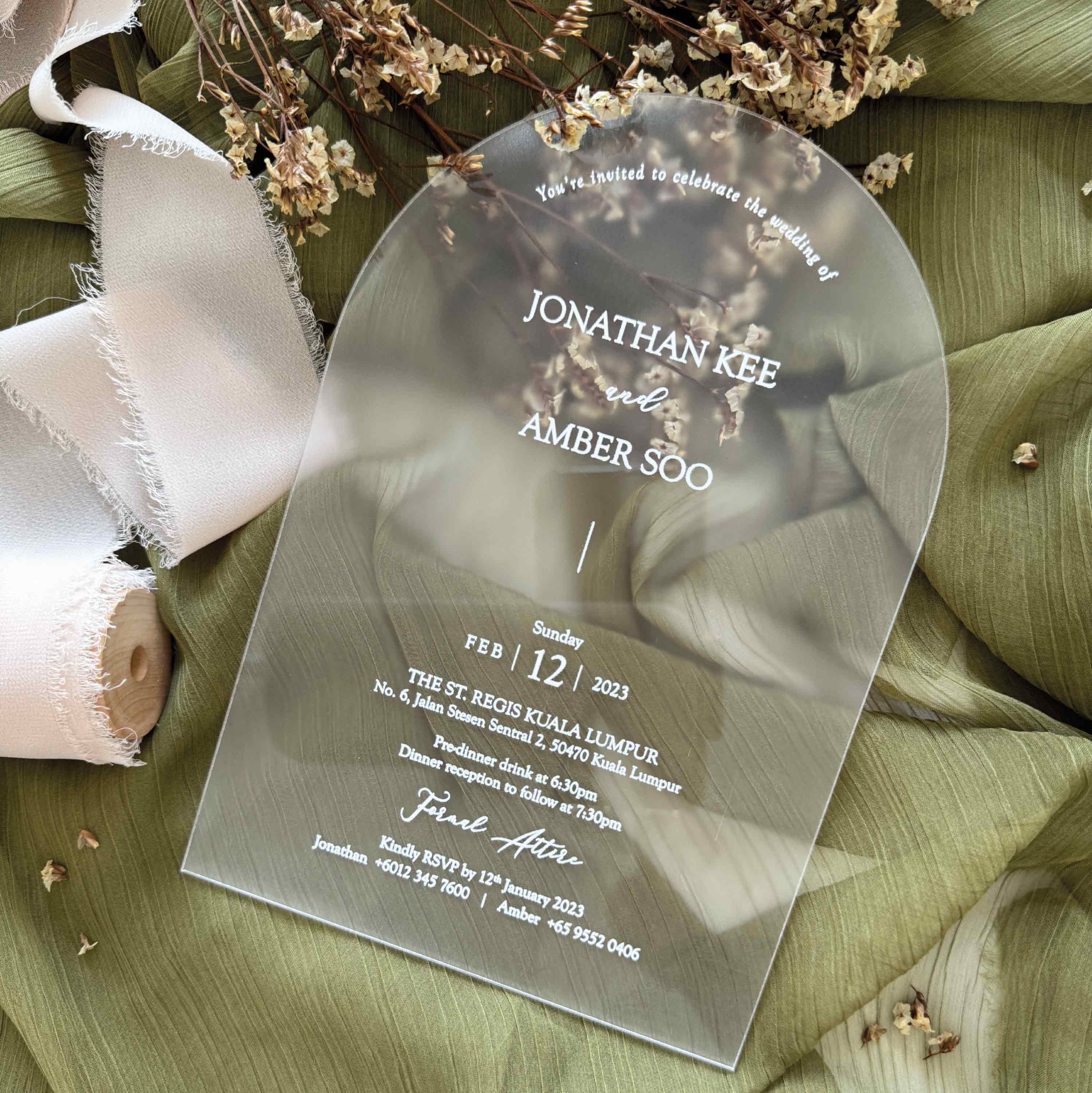 Frosted acrylic wedding invitation card with minimalist design printed in elegant white ink