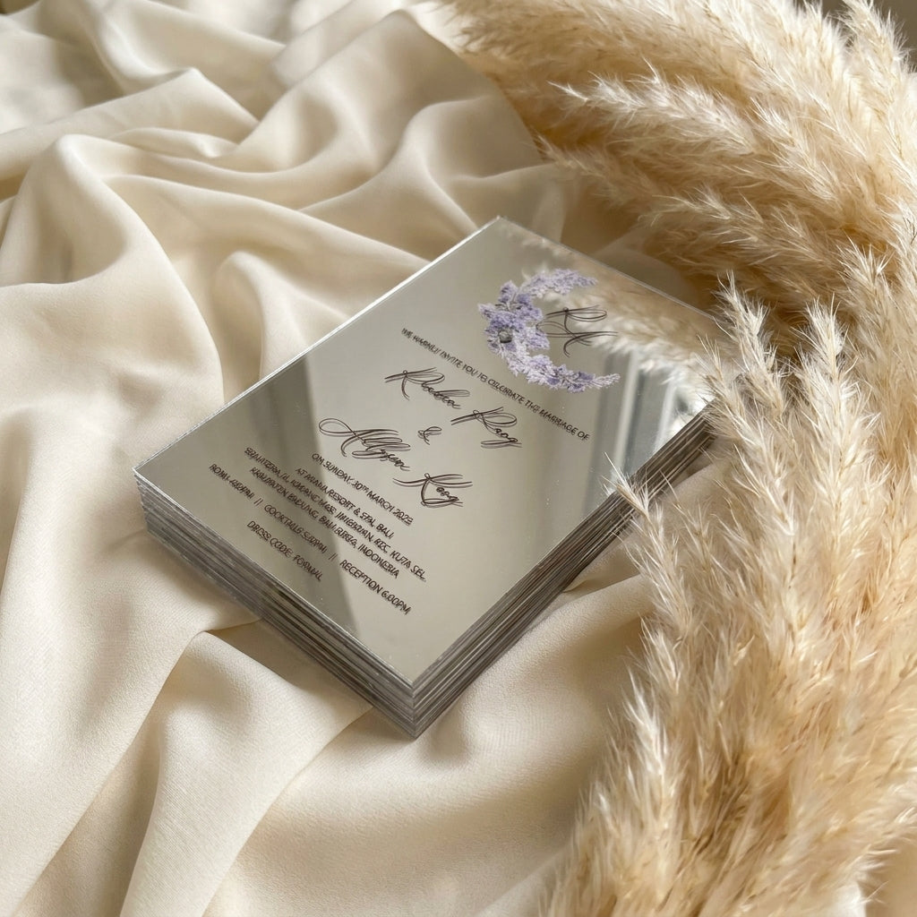Stack of premium acrylic wedding cards with floral design on a textured fabric background