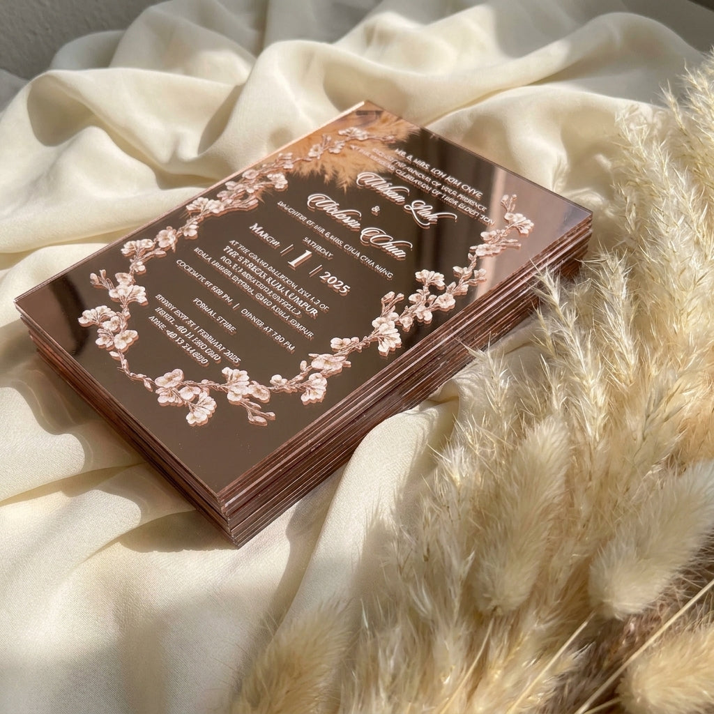 Opulent Mirror Acrylic Wedding Invitations in white ink print with Chic Floral Design 
