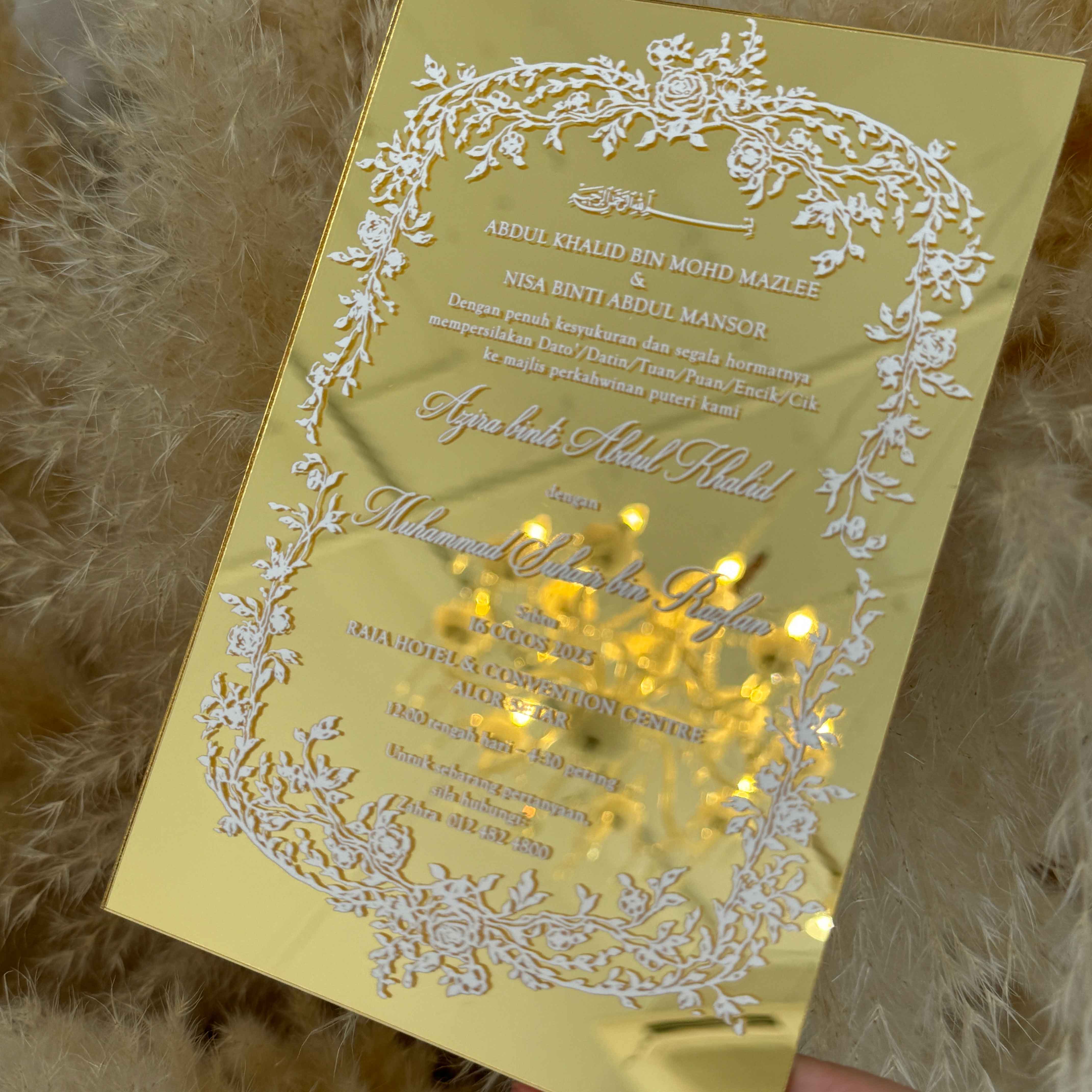 Opulent Mirror Acrylic Wedding Invitations in white ink print with Chic Floral Design 