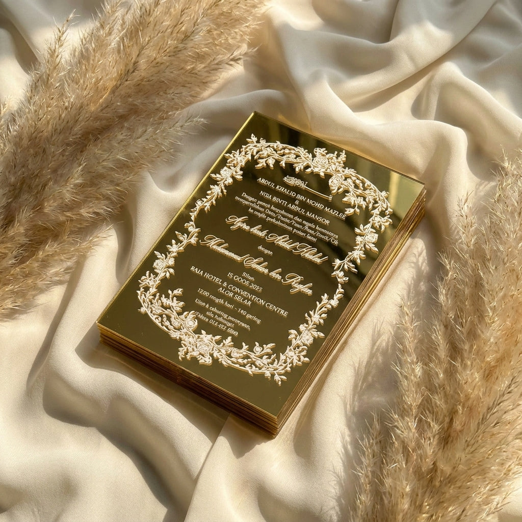 Opulent Mirror Acrylic Wedding Invitations in white ink print with Chic Floral Design 
