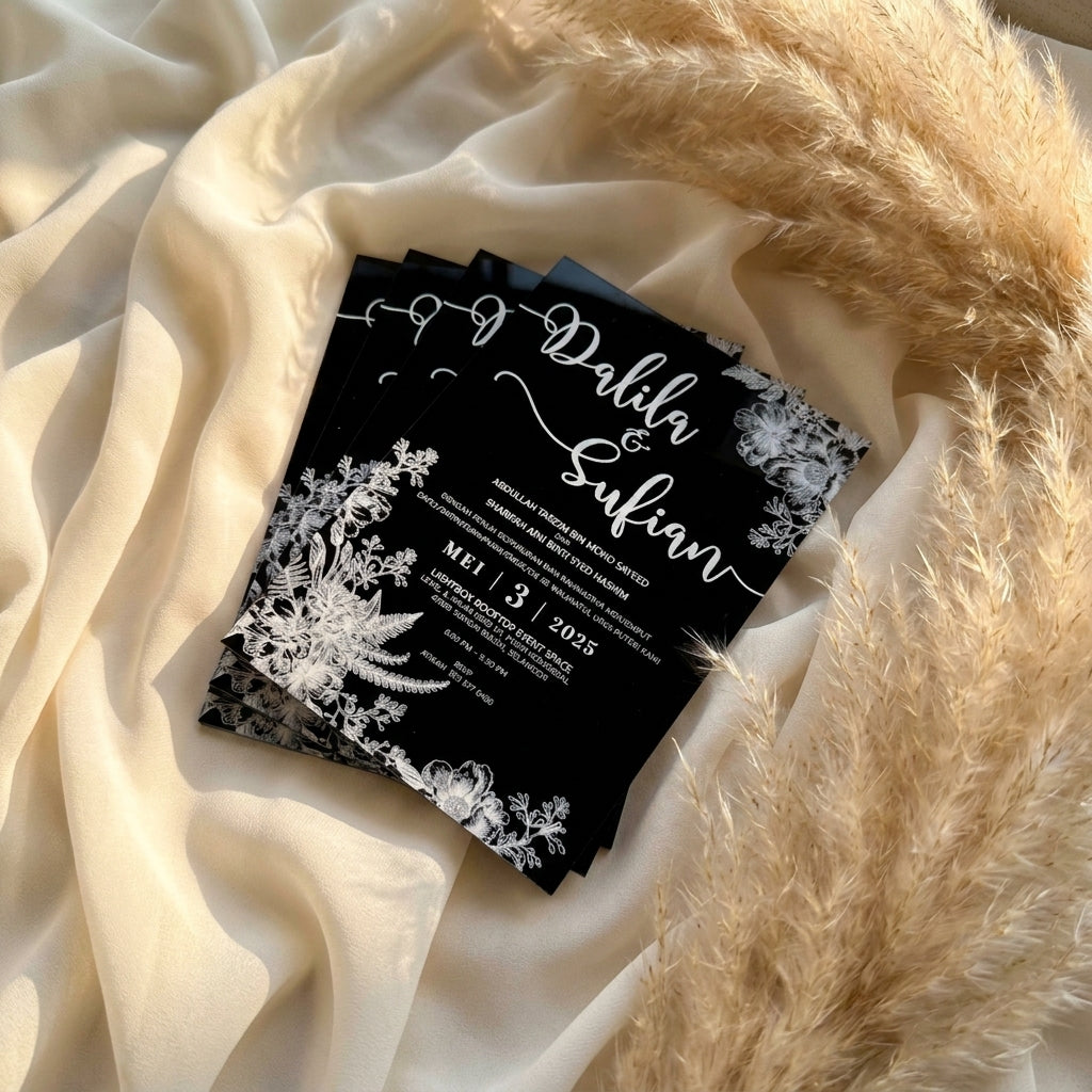 Opulent Mirror Acrylic Wedding Invitations in white ink print with Chic Floral Design 