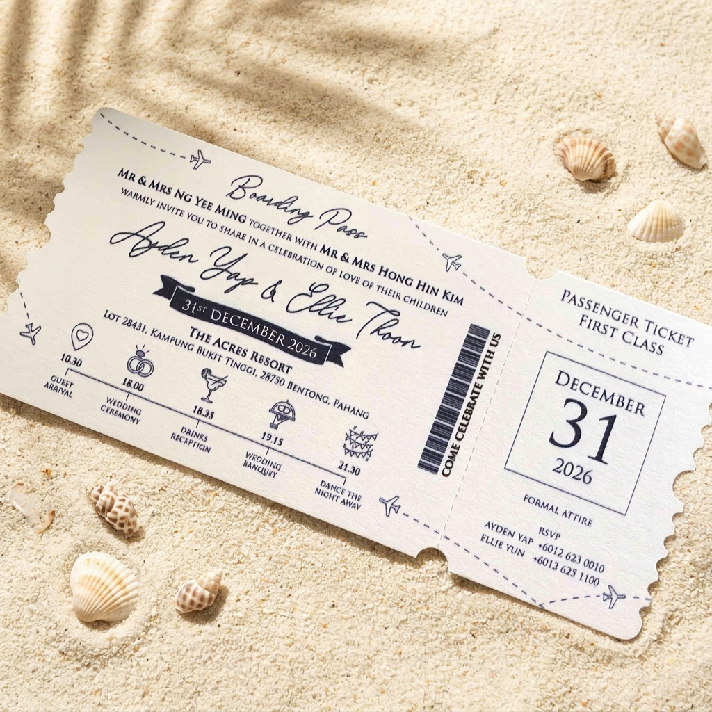 These lovely boarding pass invitations features a clean and minimal design with accents of modern typography. 