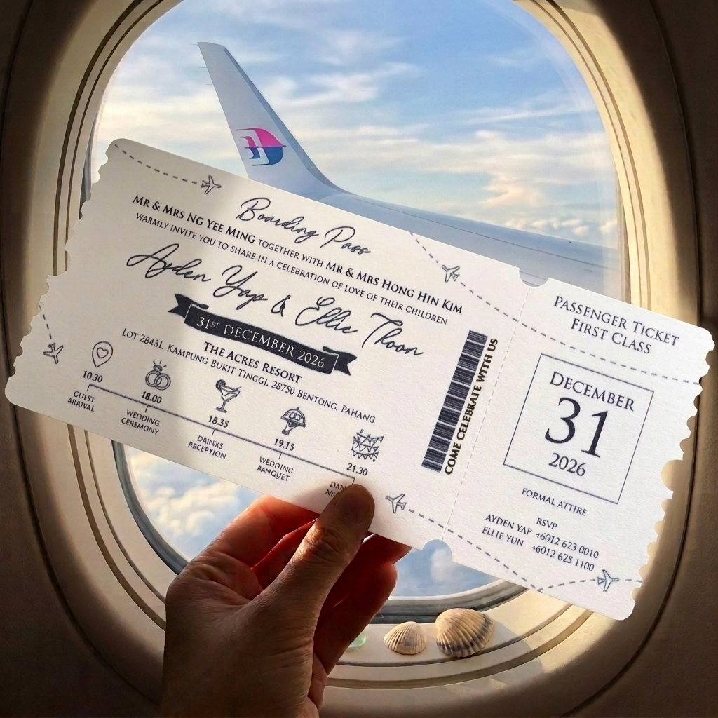 These lovely boarding pass invitations features a clean and minimal design with accents of modern typography. 