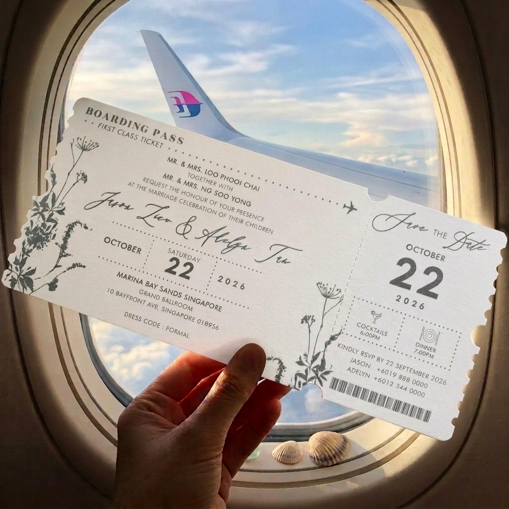 These lovely boarding pass invitations features a clean and minimal design with accents of modern typography. 