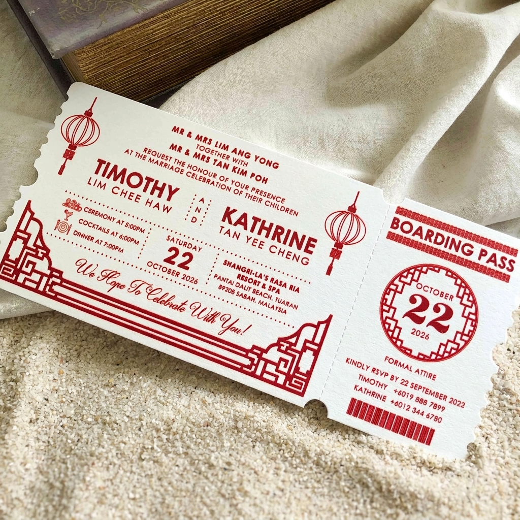 These lovely boarding pass invitations features a clean and minimal design with accents of modern typography. 