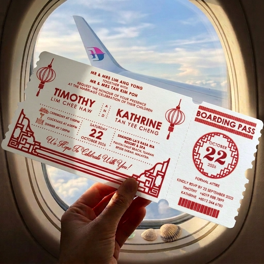 These lovely boarding pass invitations features a clean and minimal design with accents of modern typography. 