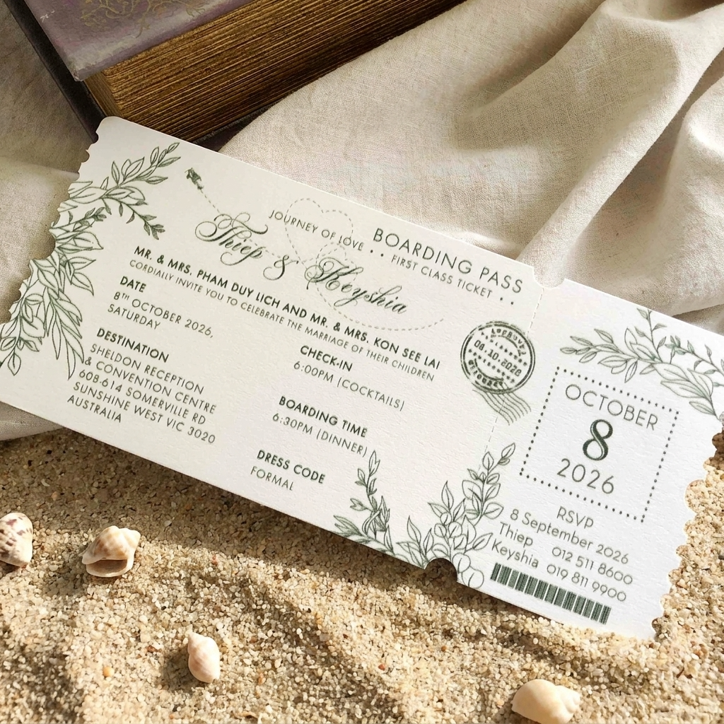 These lovely boarding pass invitations features a clean and minimal design with accents of modern typography. 