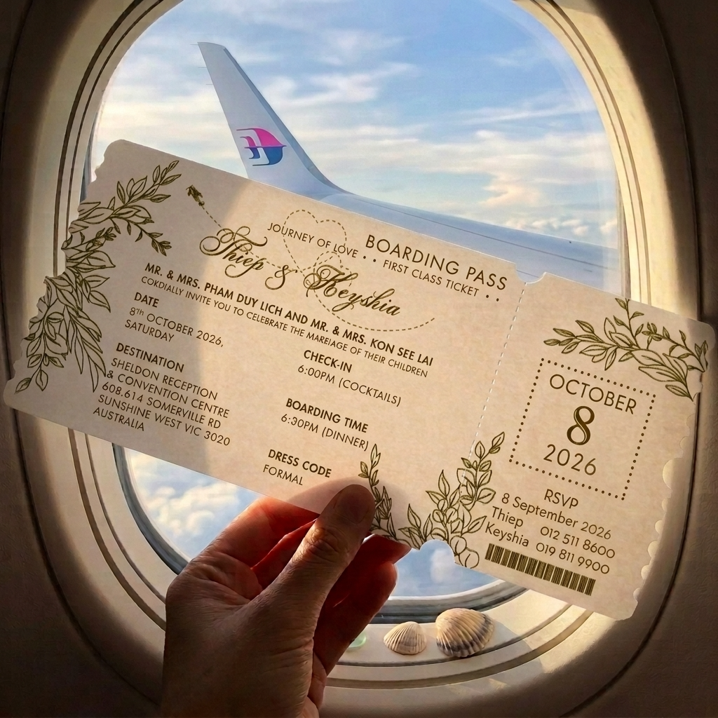 These lovely boarding pass invitations features a clean and minimal design with accents of modern typography. 