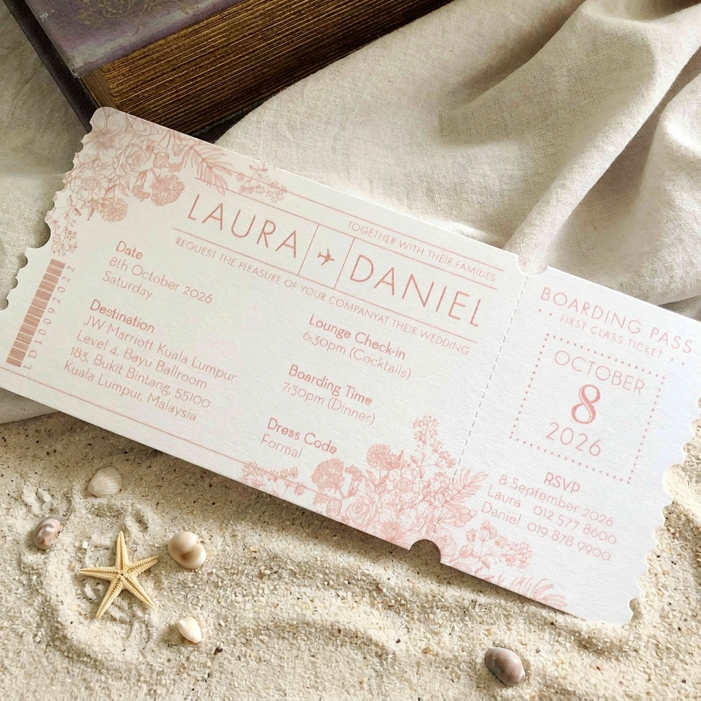 These lovely boarding pass invitations features a clean and minimal design with accents of modern typography. 