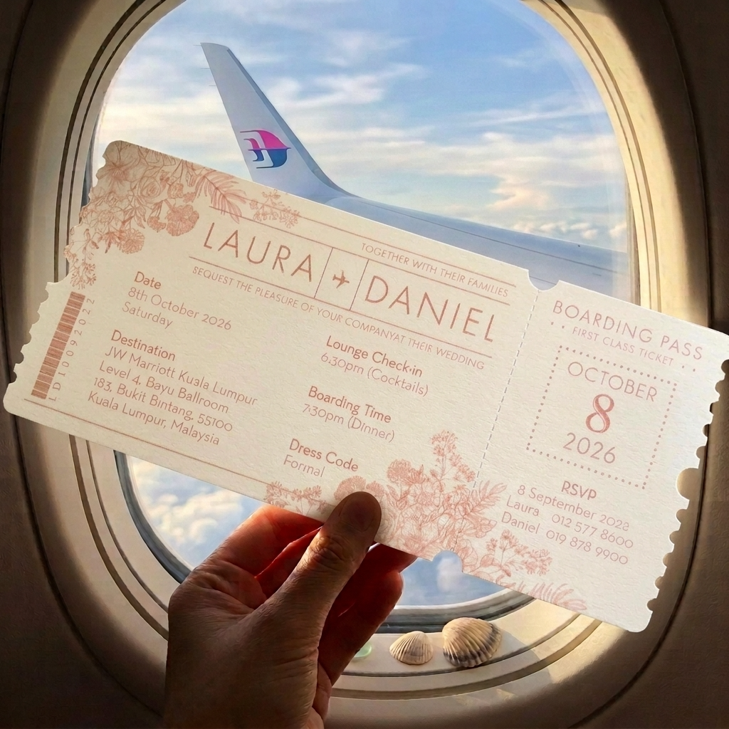 These lovely boarding pass invitations features a clean and minimal design with accents of modern typography. 