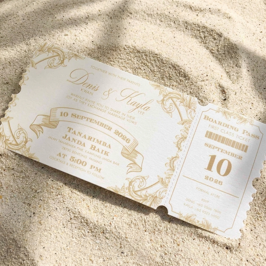 These lovely boarding pass invitations features a clean and minimal design with accents of modern typography. 