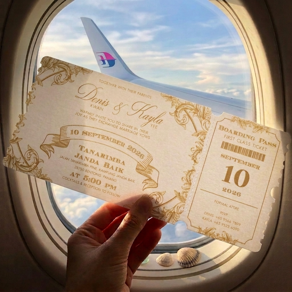 These lovely boarding pass invitations features a clean and minimal design with accents of modern typography. 