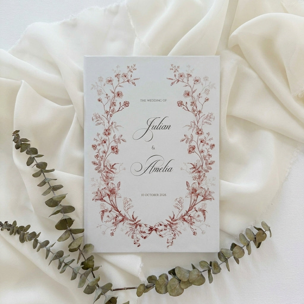 Hardcover wedding invitations offer a premium, book-like luxury presentation that makes a lasting statement for high-end ceremonies. Built on durable rigid chipboard, these invitations are often paired with high-end textures like matte laminate, velvet, or suede, and are finished with elegant hot foil stamping.